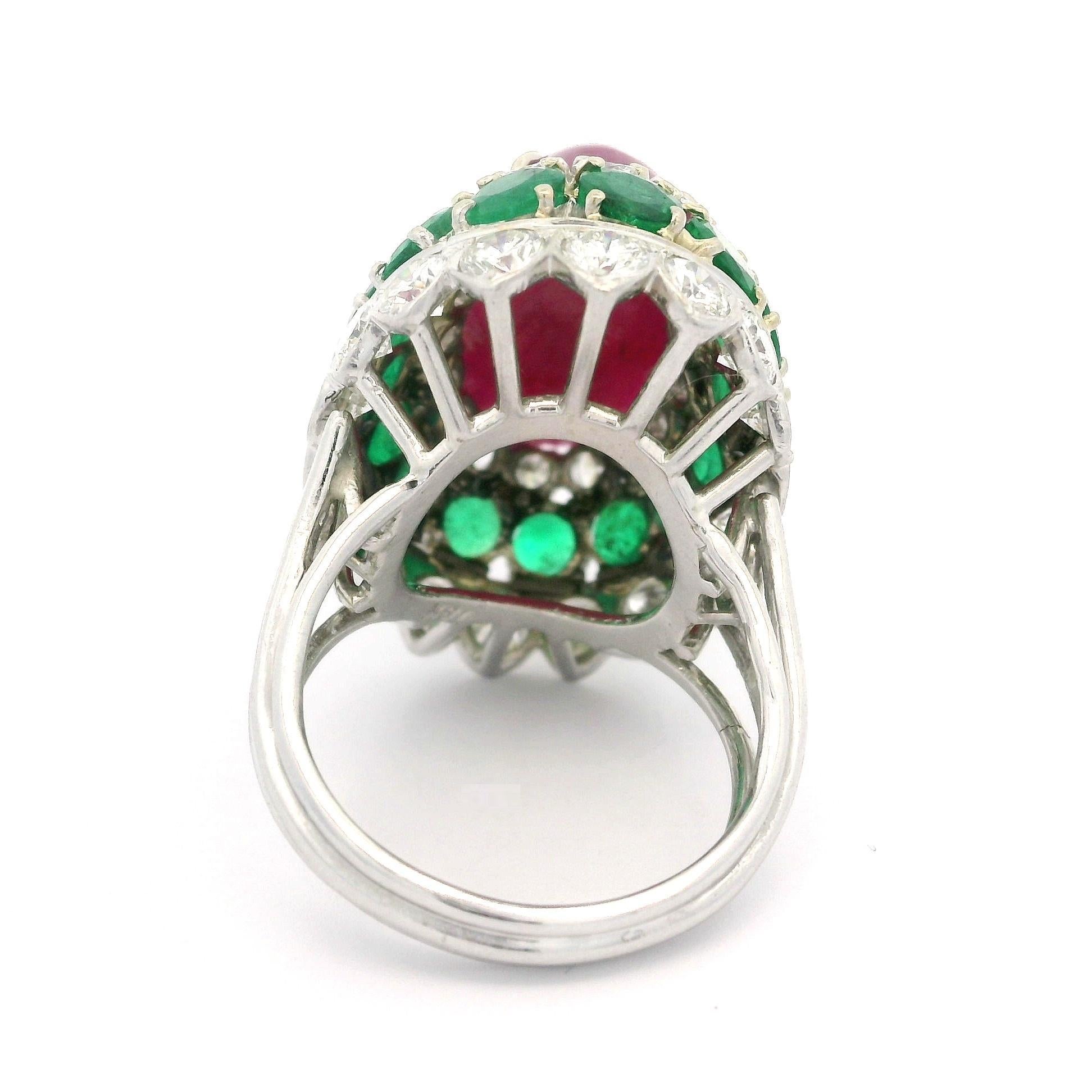 Vintage 14k White Gold GIA 26.4ctw Ruby Emerald Diamond Handmade Bombe Ring For Sale 1