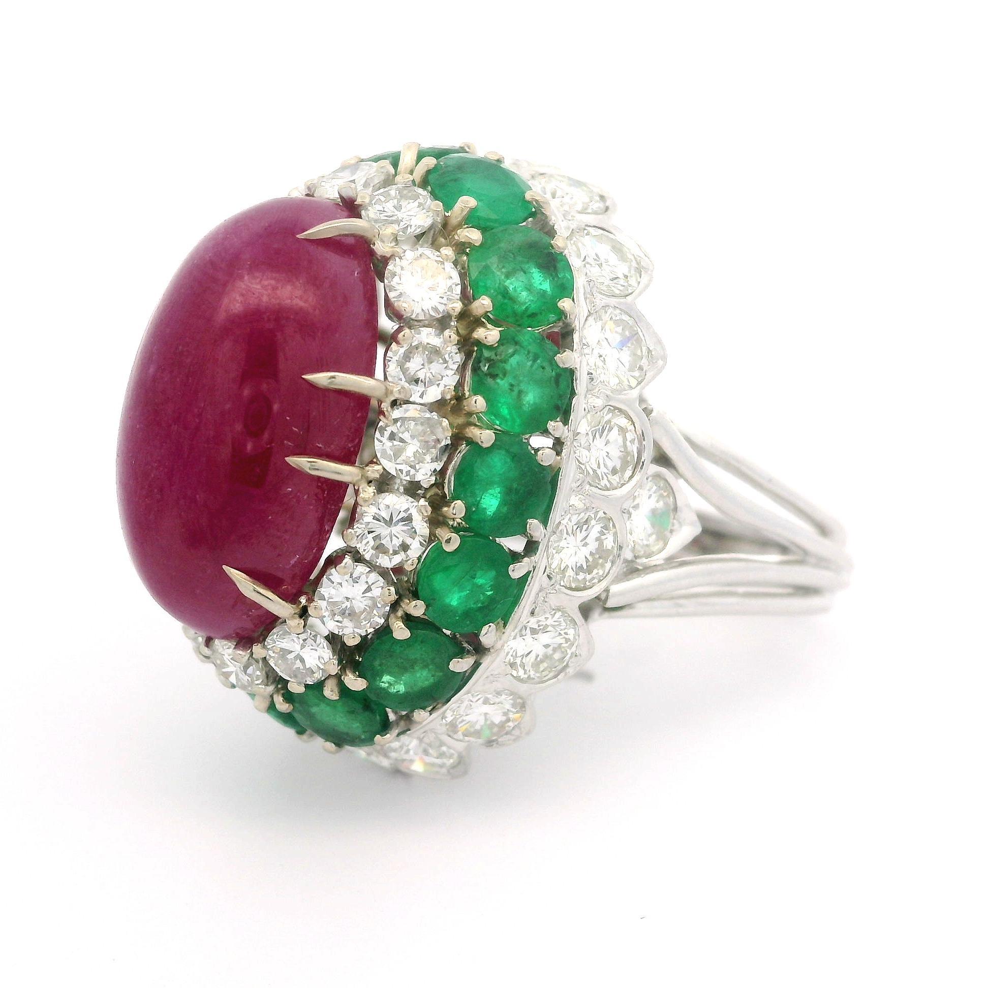 Vintage 14k White Gold GIA 26.4ctw Ruby Emerald Diamond Handmade Bombe Ring For Sale 2