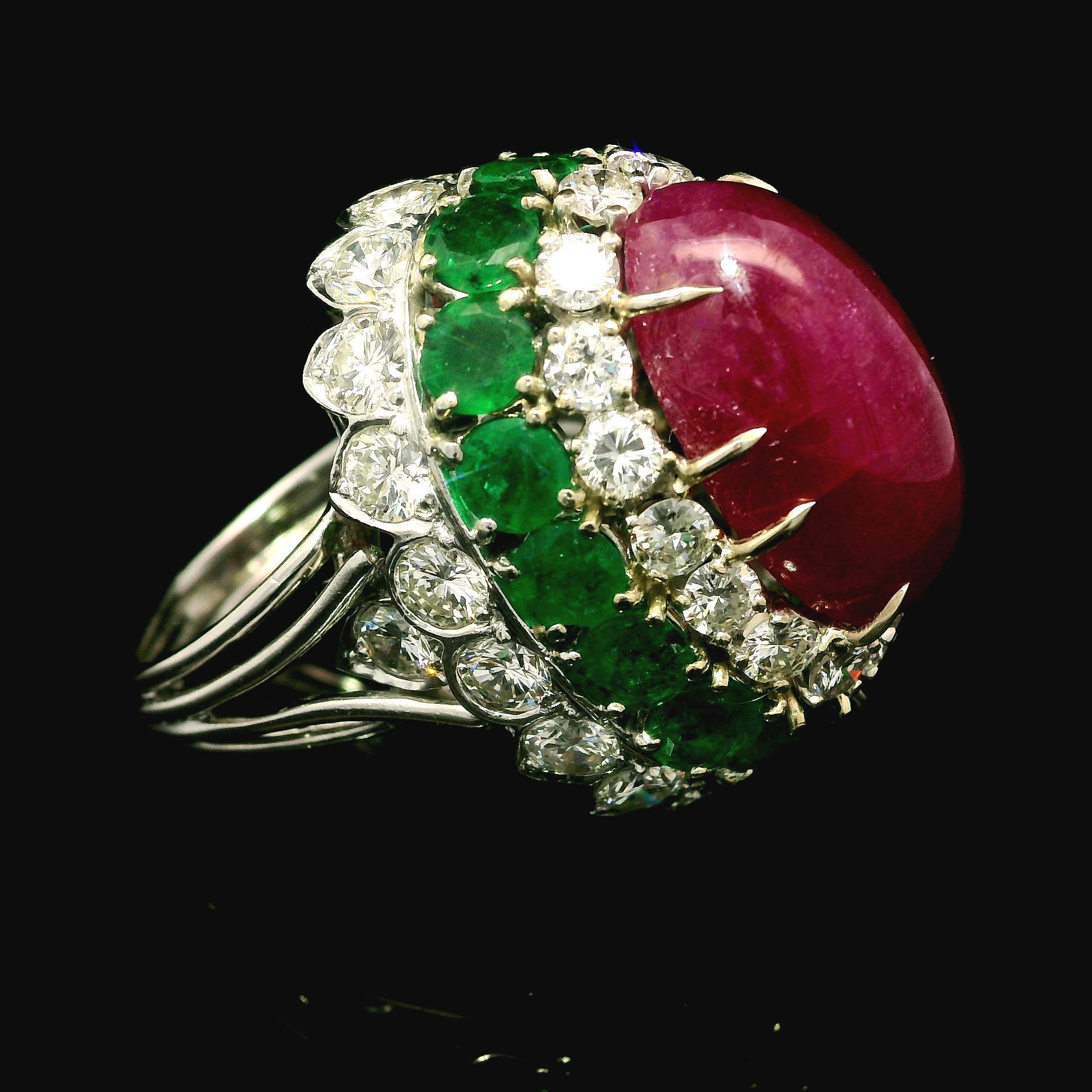 Vintage 14k White Gold GIA 26.4ctw Ruby Emerald Diamond Handmade Bombe Ring For Sale 3