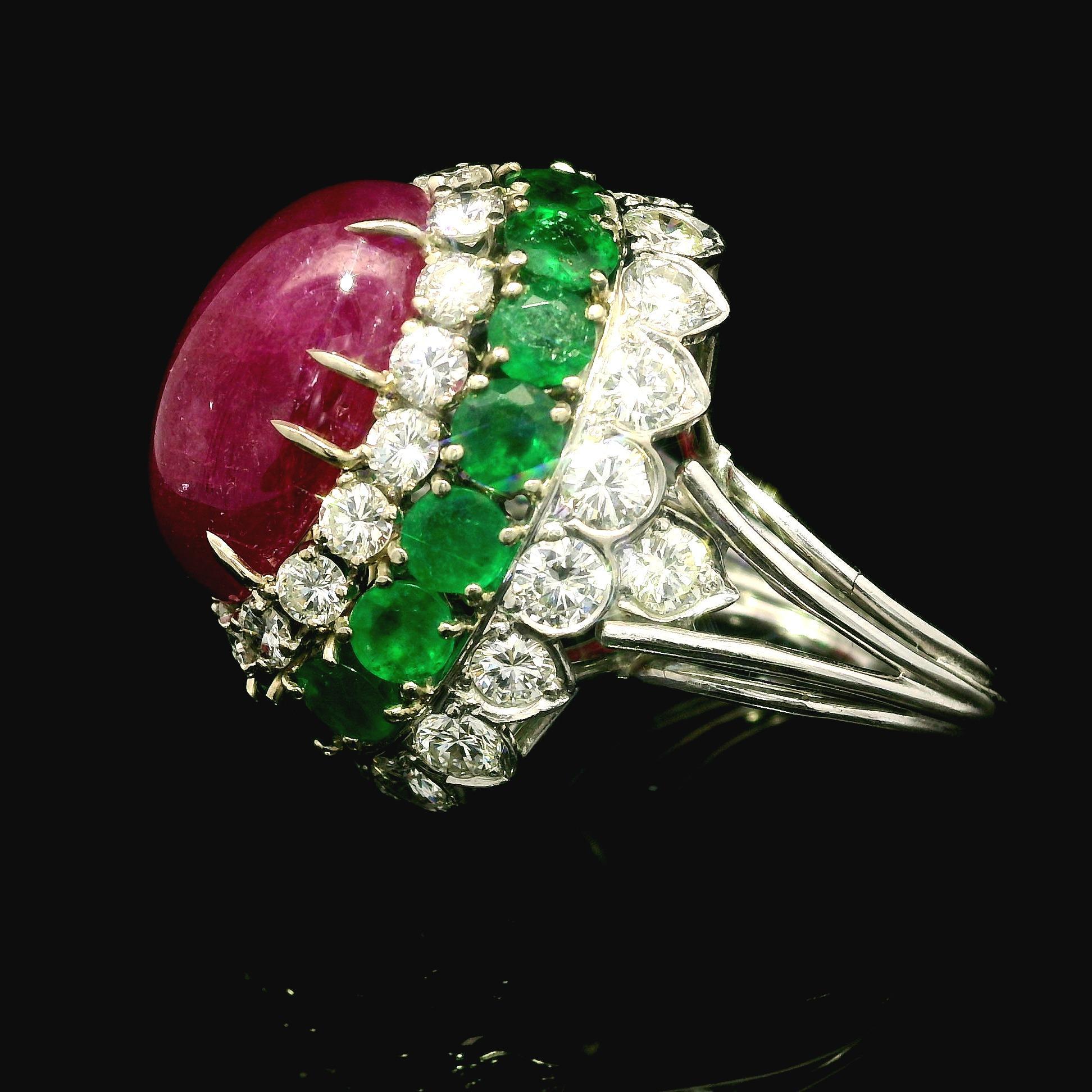 Vintage 14k White Gold GIA 26.4ctw Ruby Emerald Diamond Handmade Bombe Ring For Sale 4