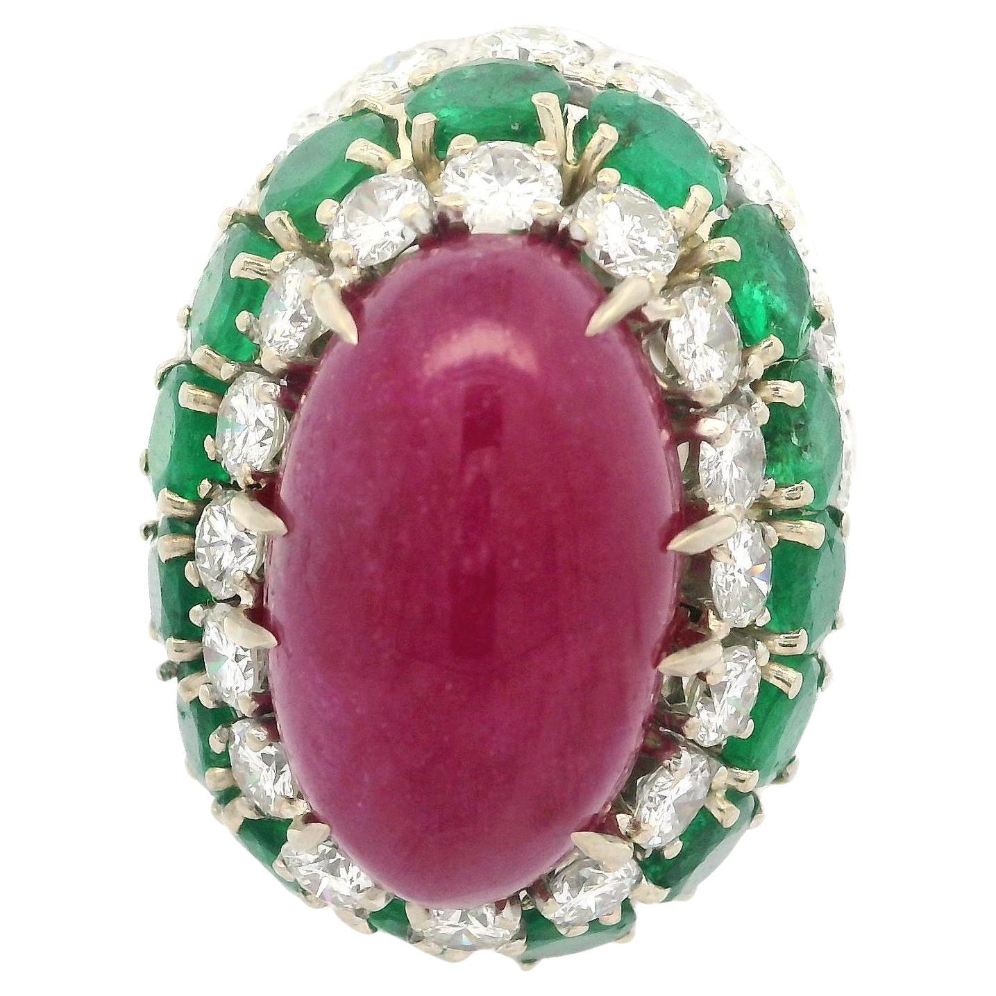 Vintage 14k White Gold GIA 26.4ctw Ruby Emerald Diamond Handmade Bombe Ring