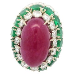 Vintage 14k Oro Blanco GIA 26.4ctw Rubí Esmeralda Diamante Anillo Bombe hecho a mano