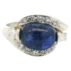 Vintage 14k White Gold GIA 3.25ct Burma No Heat Cabochon Sapphire & Diamond Ring