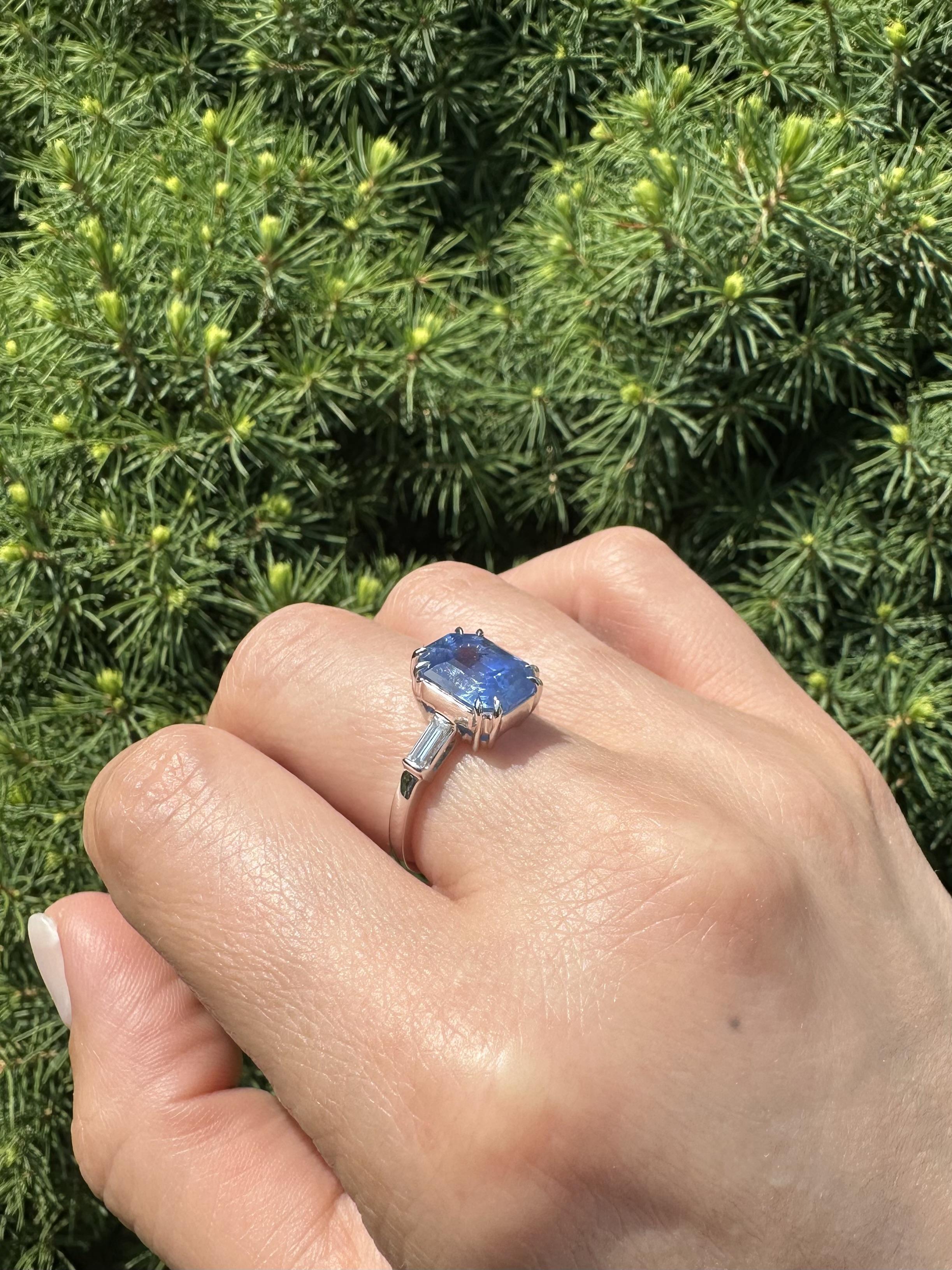 Vintage 14k White Gold GIA 5.32ct No Heat Ceylon Octagonal Sapphire Diamond Ring For Sale 6