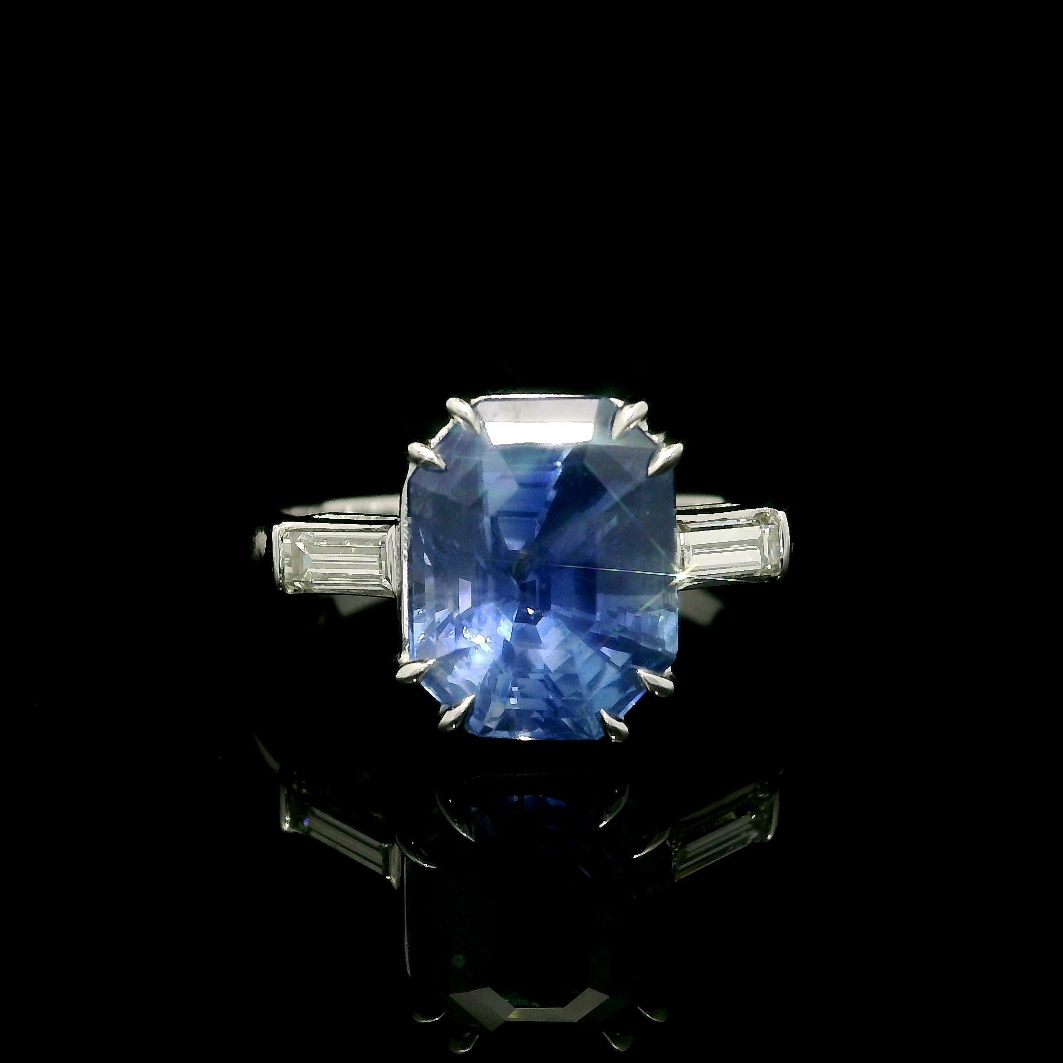 Vintage 14k White Gold GIA 5.32ct No Heat Ceylon Octagonal Sapphire Diamond Ring For Sale 1