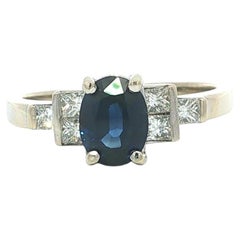 Vintage 14k White Gold GIA Oval Sapphire Princess Diamond Step Sides Ring