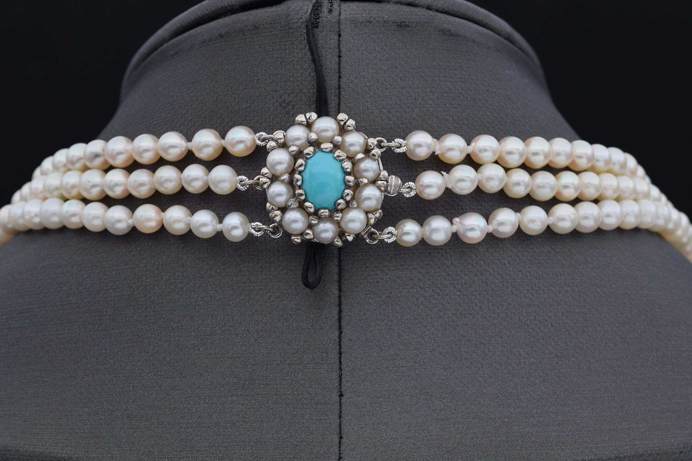 De las mujeres Collar vintage de perlas graduadas y turquesas en oro blanco de 14 quilates en venta