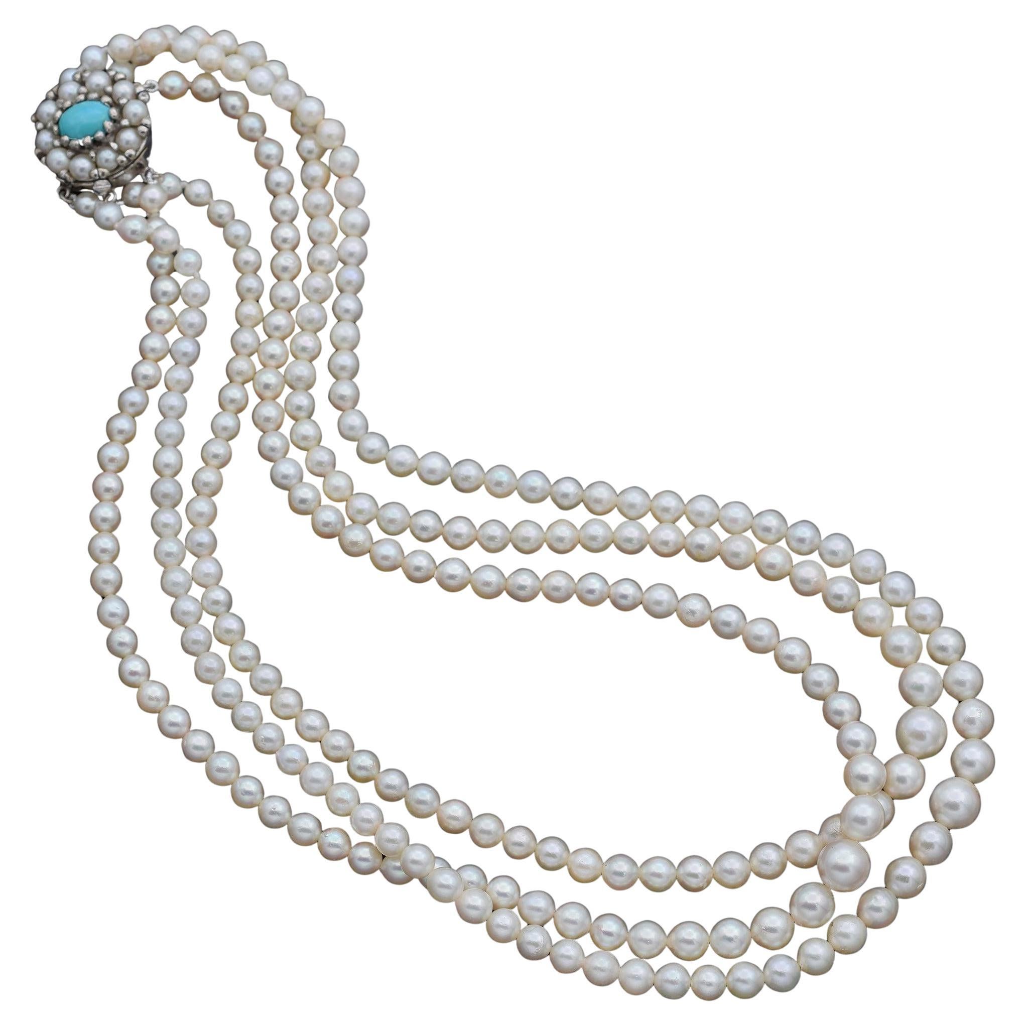 Collar vintage de perlas graduadas y turquesas en oro blanco de 14 quilates en venta