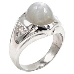 Vintage 14K White Gold Grey Star Sapphire Wide Ring with 0.12 Carat Diamonds