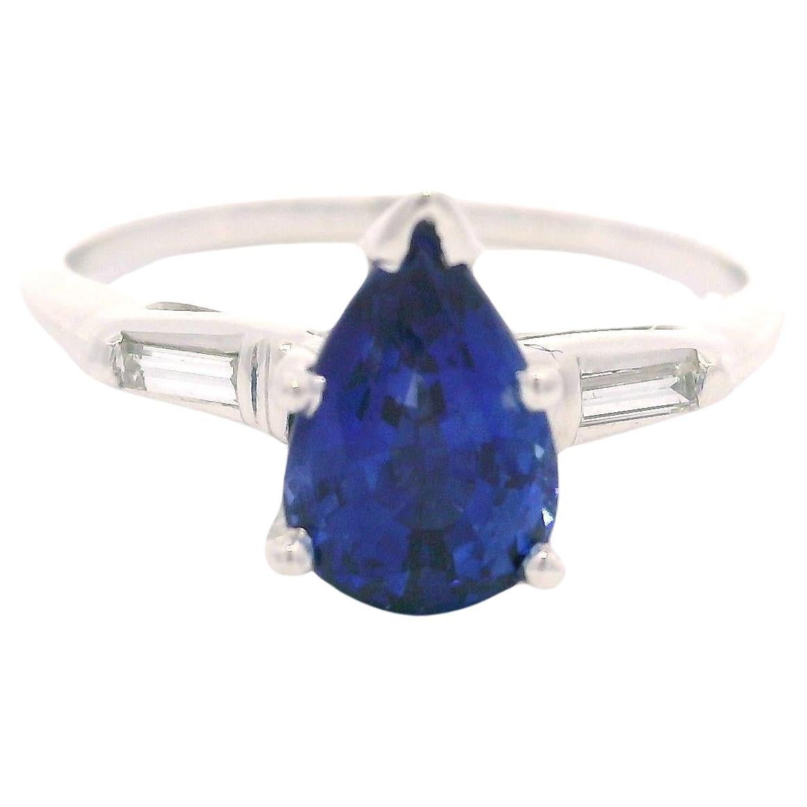 Vintage 14k White Gold Gubelin 1.62ctw Pear Cut Ceylon Sapphire & Diamond Ring For Sale