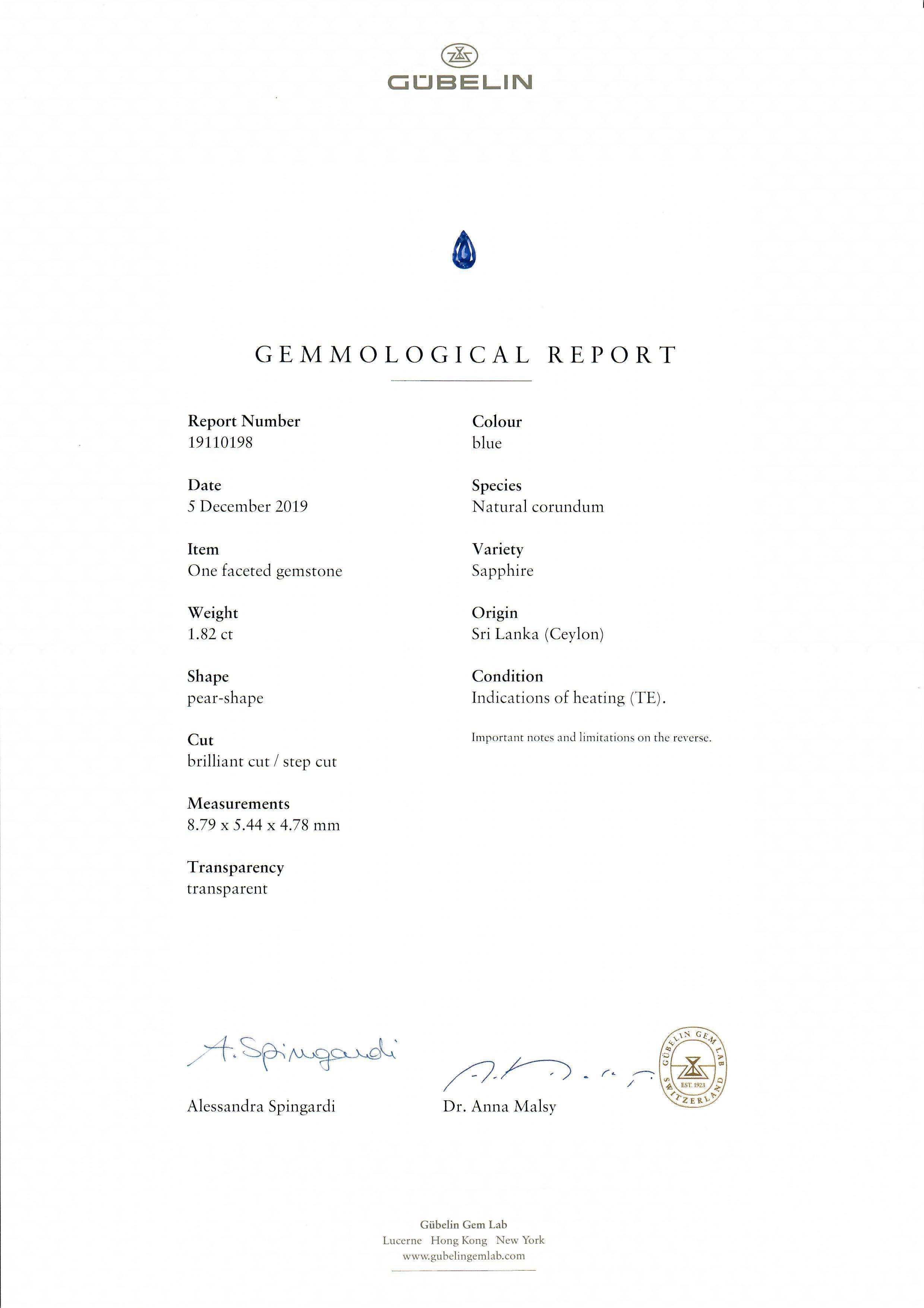 --Stone(s):--
(1) Natural Genuine Sapphire - Pear Cut - Prong Set - Royal Blue Color - Heated - 1.82ct (exact - certified)
*See Certification Details Below*
(4) Natural Genuine Diamonds - 2 Baguette & 2 Princess Cut - Channel & Bezel Set - G/H Color