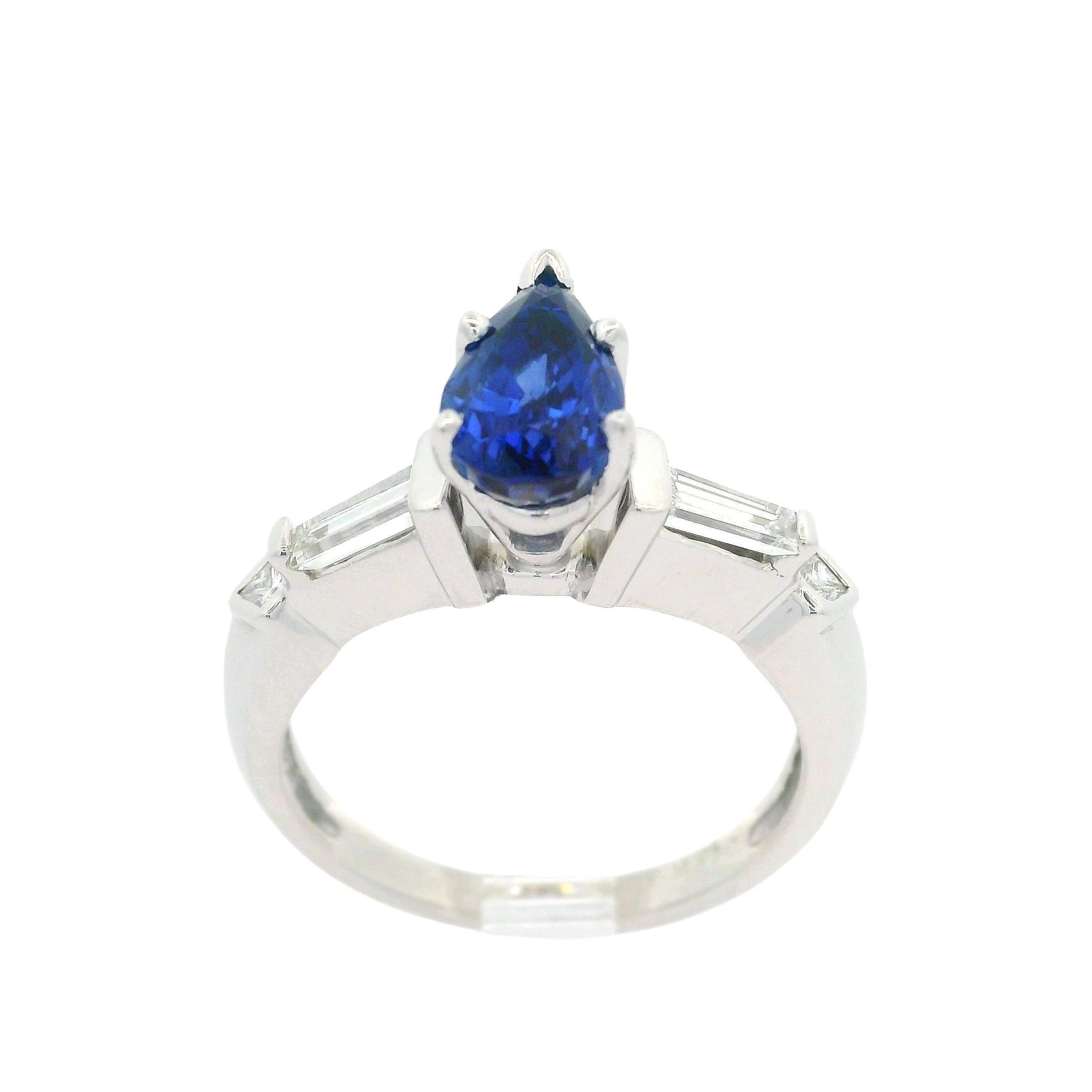 Vintage 14k White Gold Gubelin 2.12ctw Pear Cut Ceylon Sapphire & Diamond Ring For Sale 3