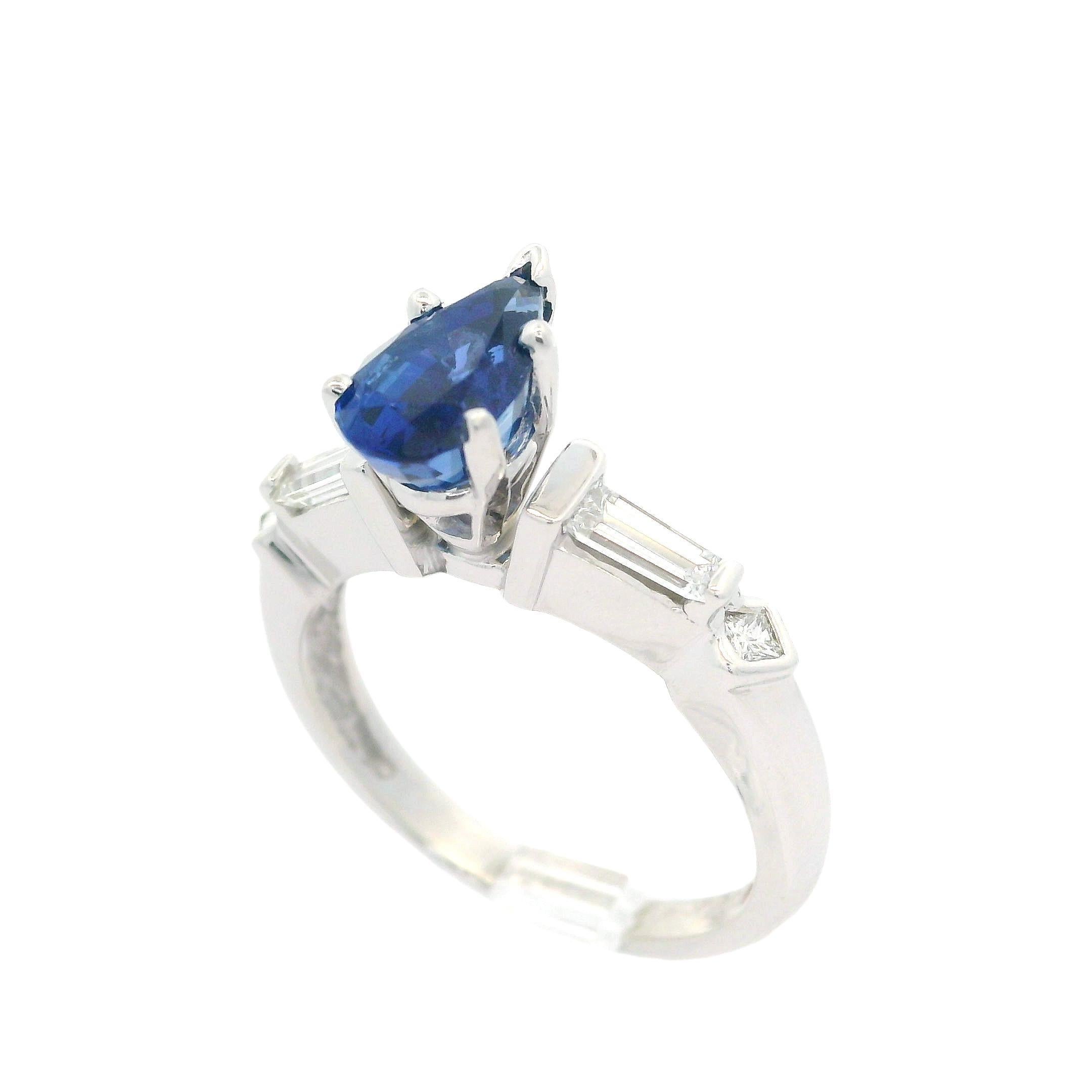 Vintage 14k White Gold Gubelin 2.12ctw Pear Cut Ceylon Sapphire & Diamond Ring For Sale 5