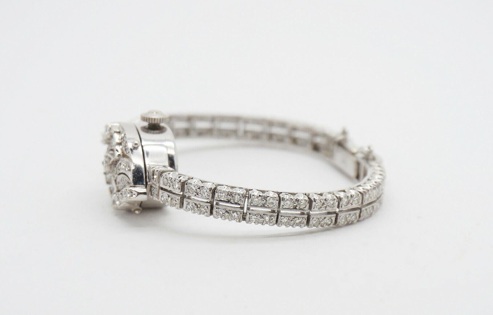 Round Cut Vintage 14k White Gold Hamilton Ladies Diamond Hidden Watch 2.64cttw - 25.4g For Sale