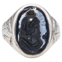 Vintage 14k White Gold Hardstone Cameo Engraved Ring