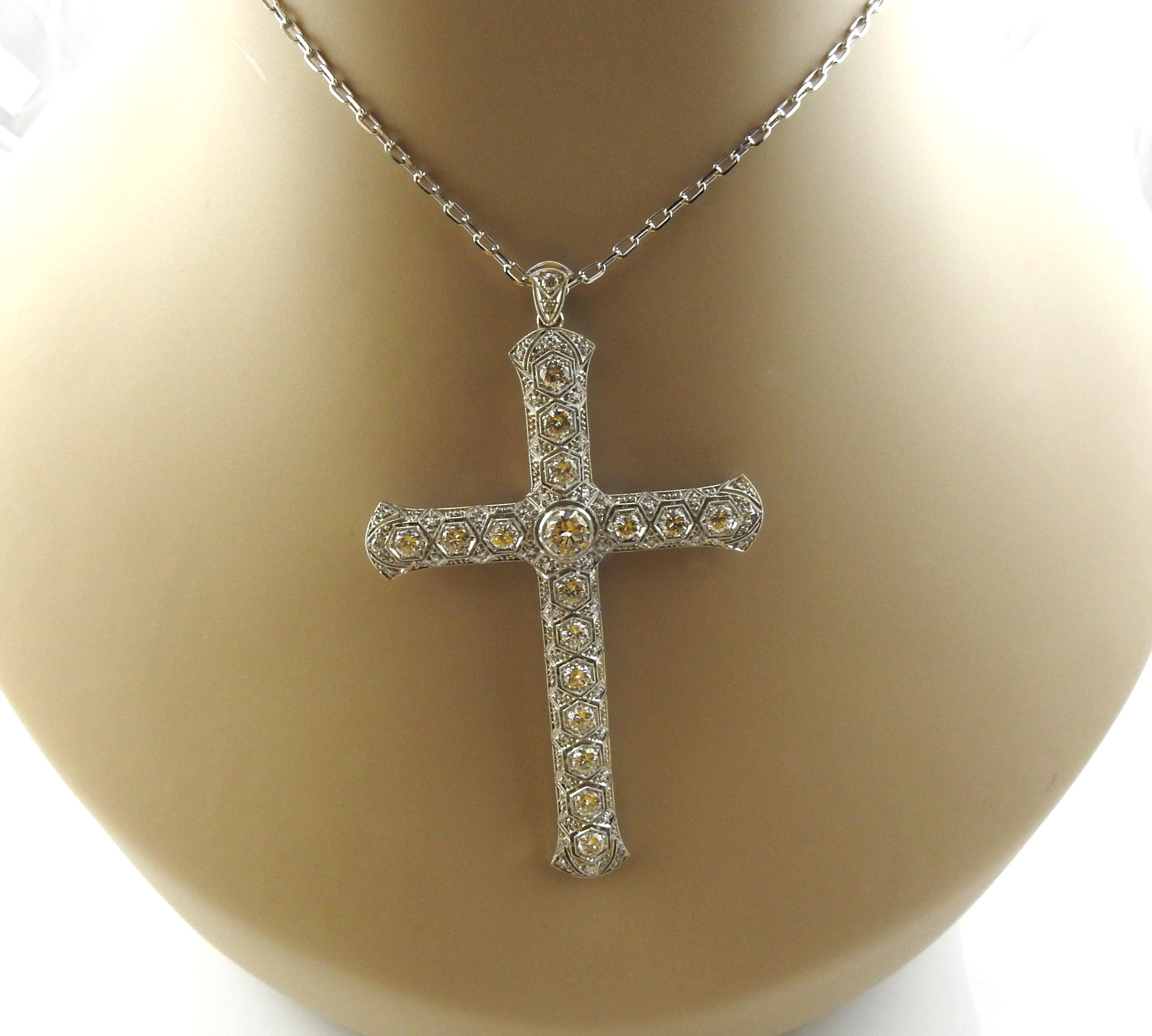  14K White Gold Large Diamond Cross Pendant Necklace 3.51cts 2