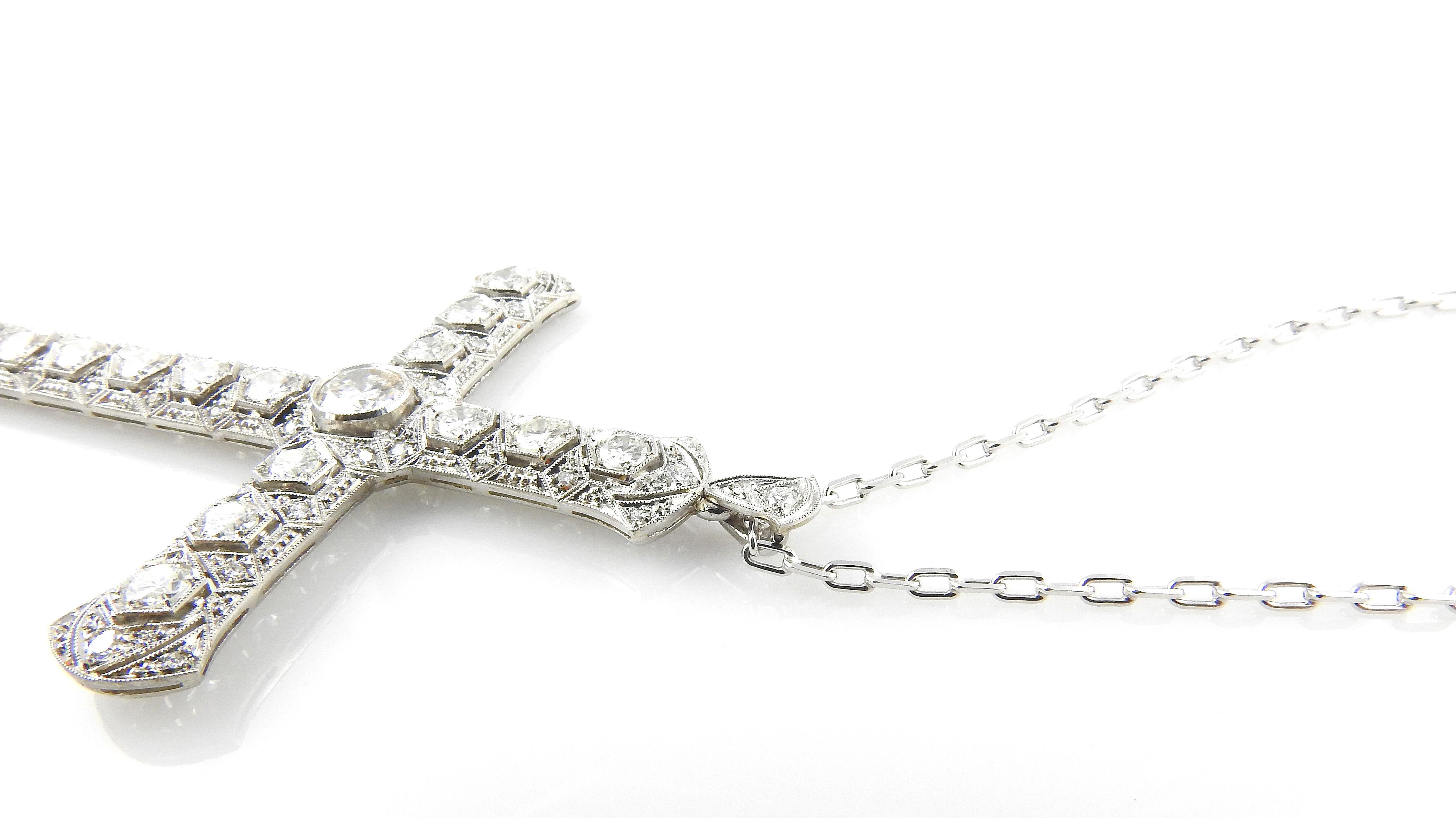  14K White Gold Large Diamond Cross Pendant Necklace 3.51cts 3