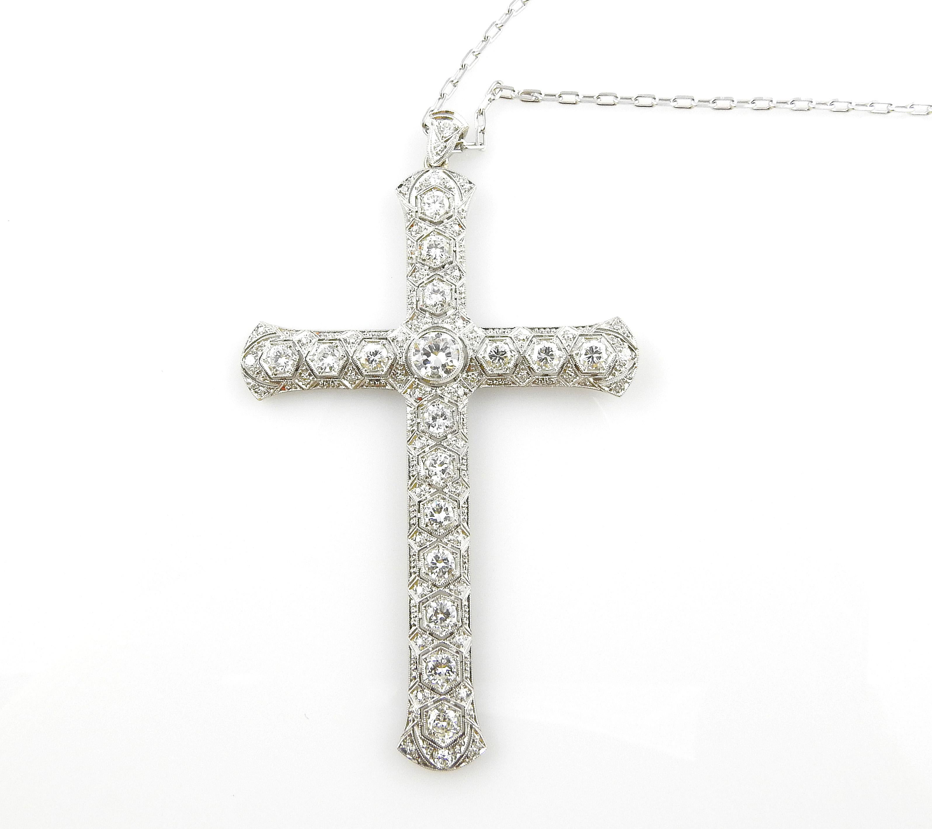  14K White Gold Large Diamond Cross Pendant Necklace 3.51cts 4