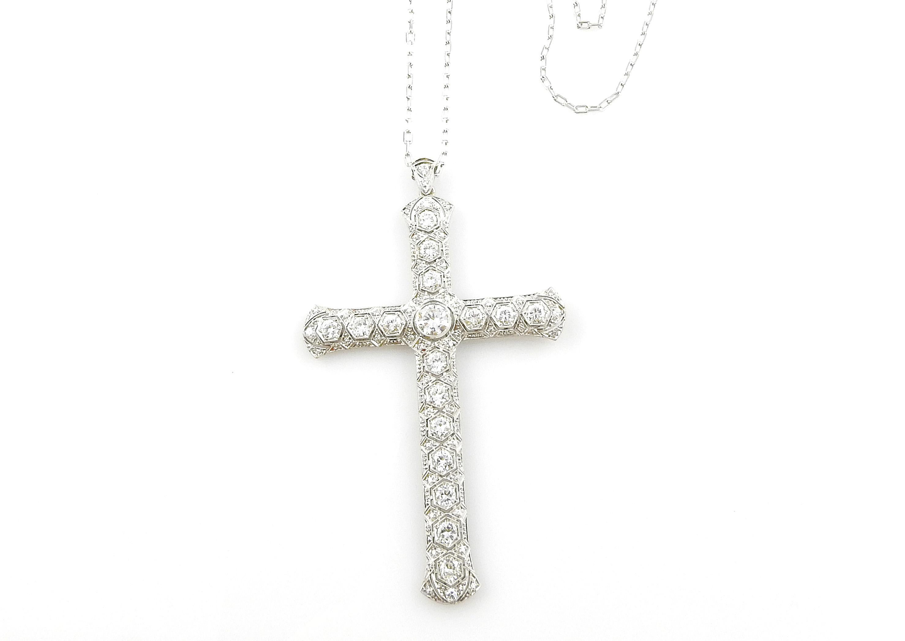 Round Cut  14K White Gold Large Diamond Cross Pendant Necklace 3.51cts