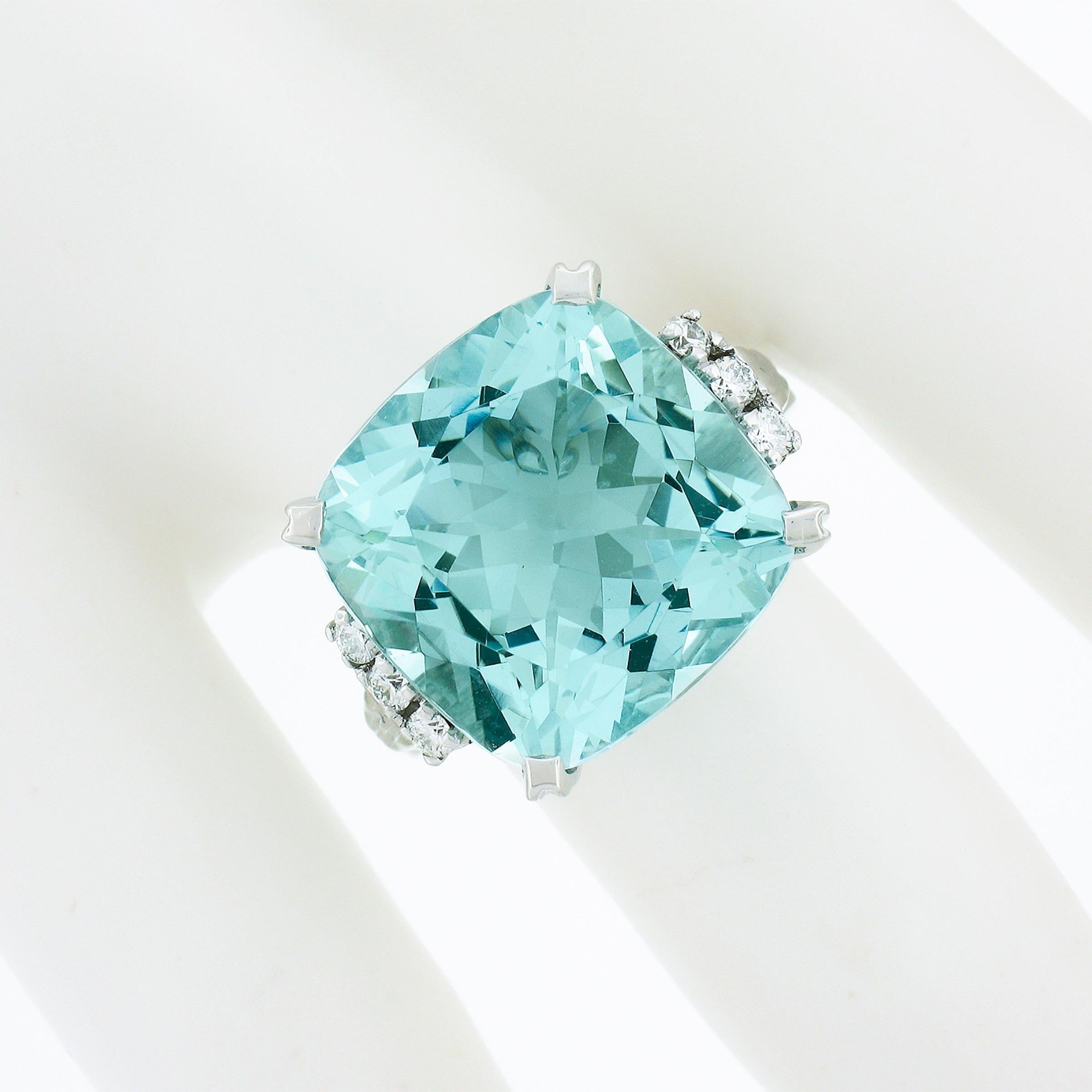 Vintage 14k White Gold Large GIA Square Cushion Aquamarine Diamond Cocktail Ring In Excellent Condition In Montclair, NJ
