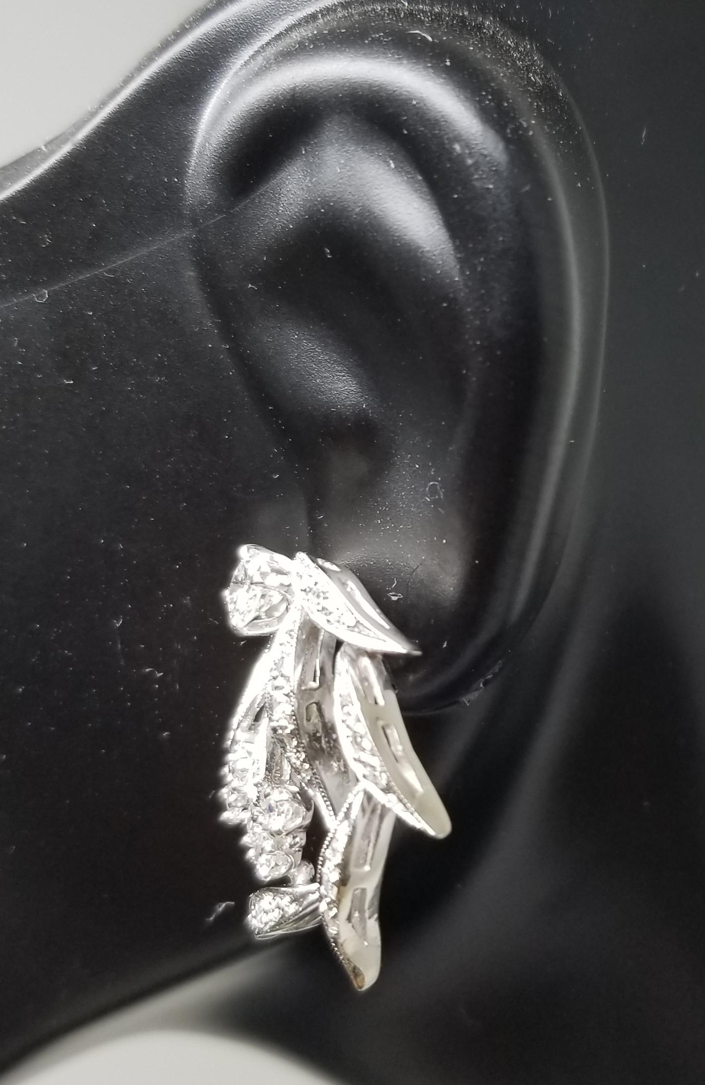 Art Deco Vintage 14 Karat White Gold Leaf Diamond Earrings