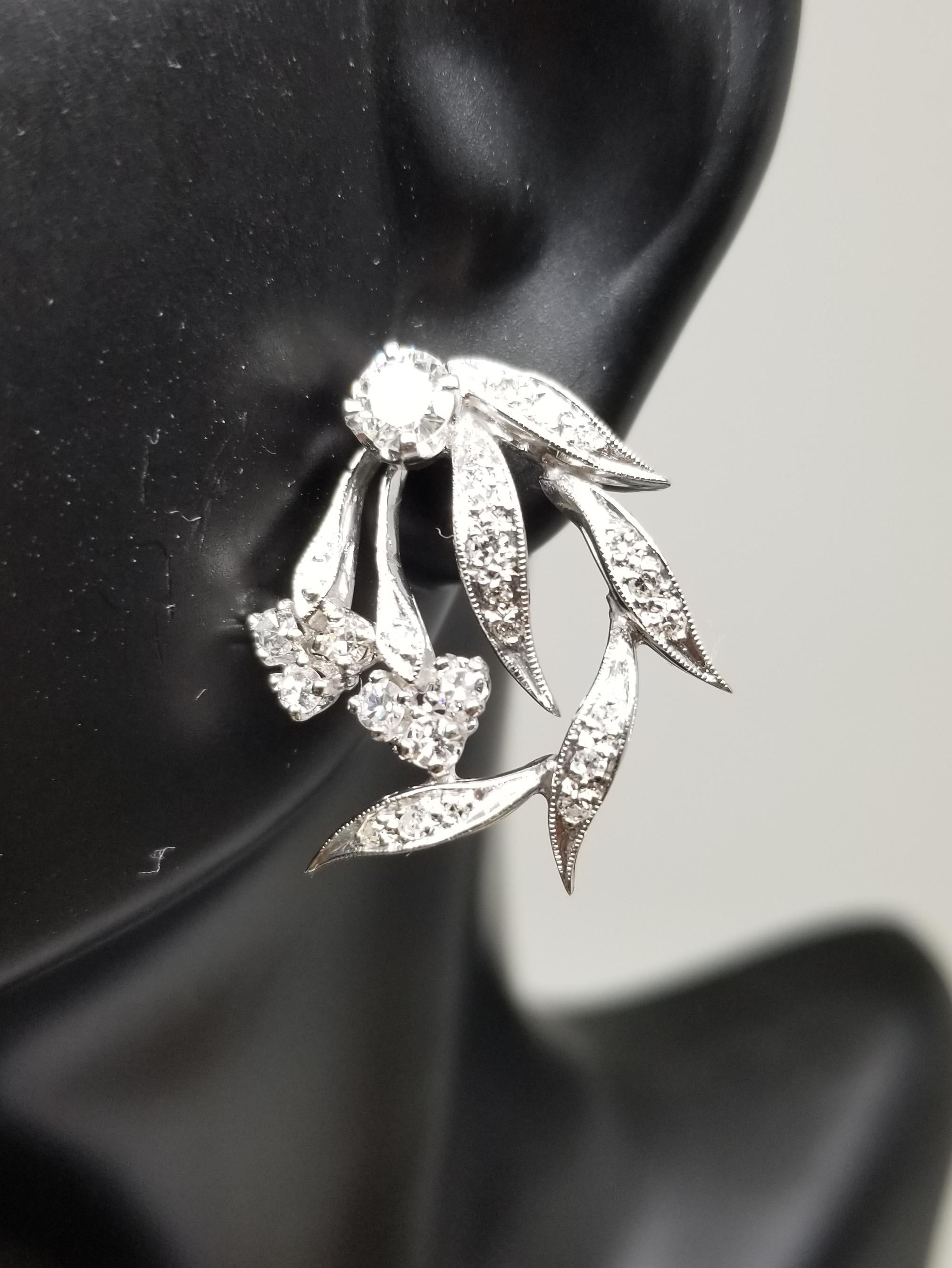 Round Cut Vintage 14 Karat White Gold Leaf Diamond Earrings