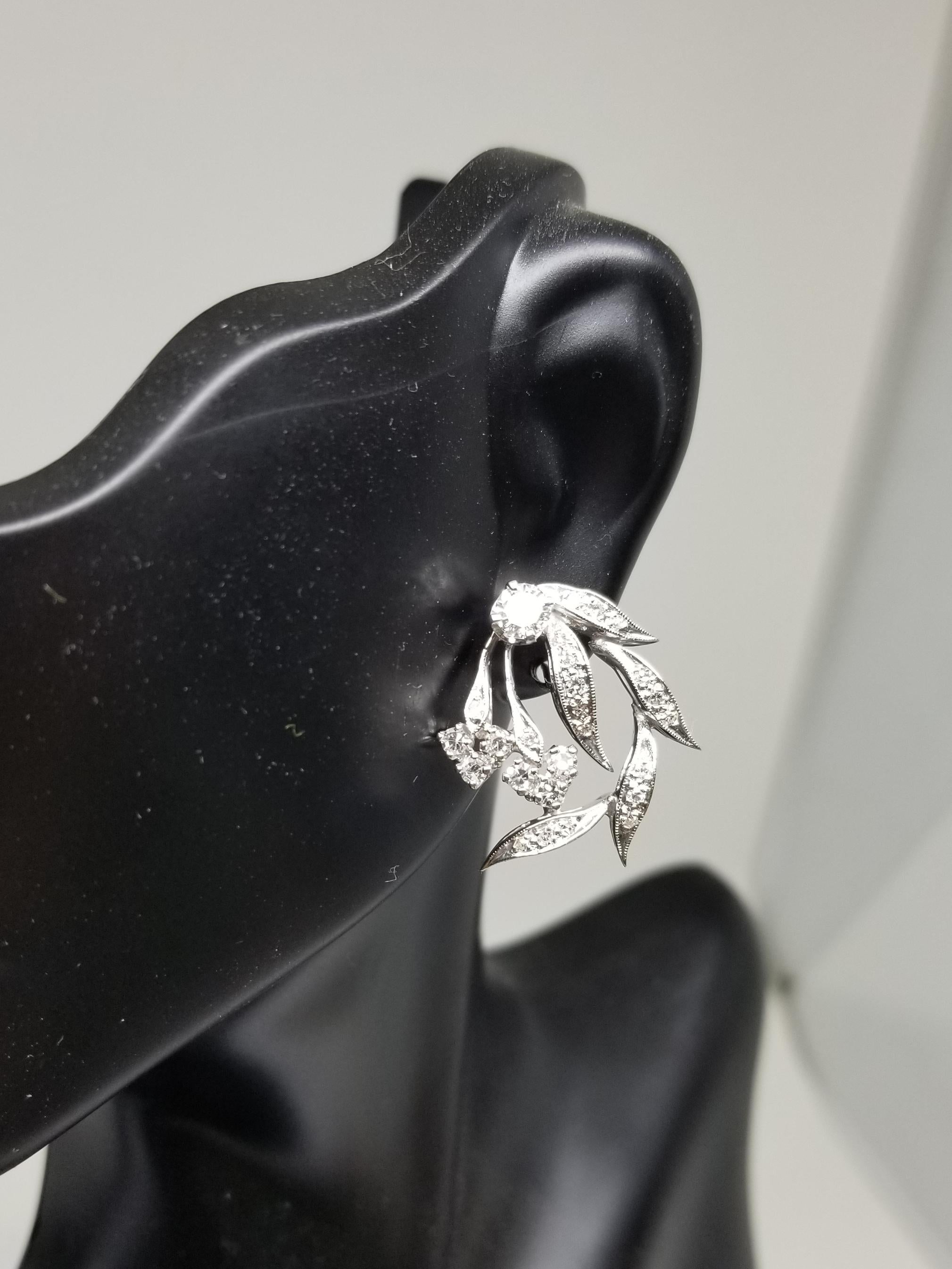 Vintage 14 Karat White Gold Leaf Diamond Earrings In Excellent Condition In Los Angeles, CA