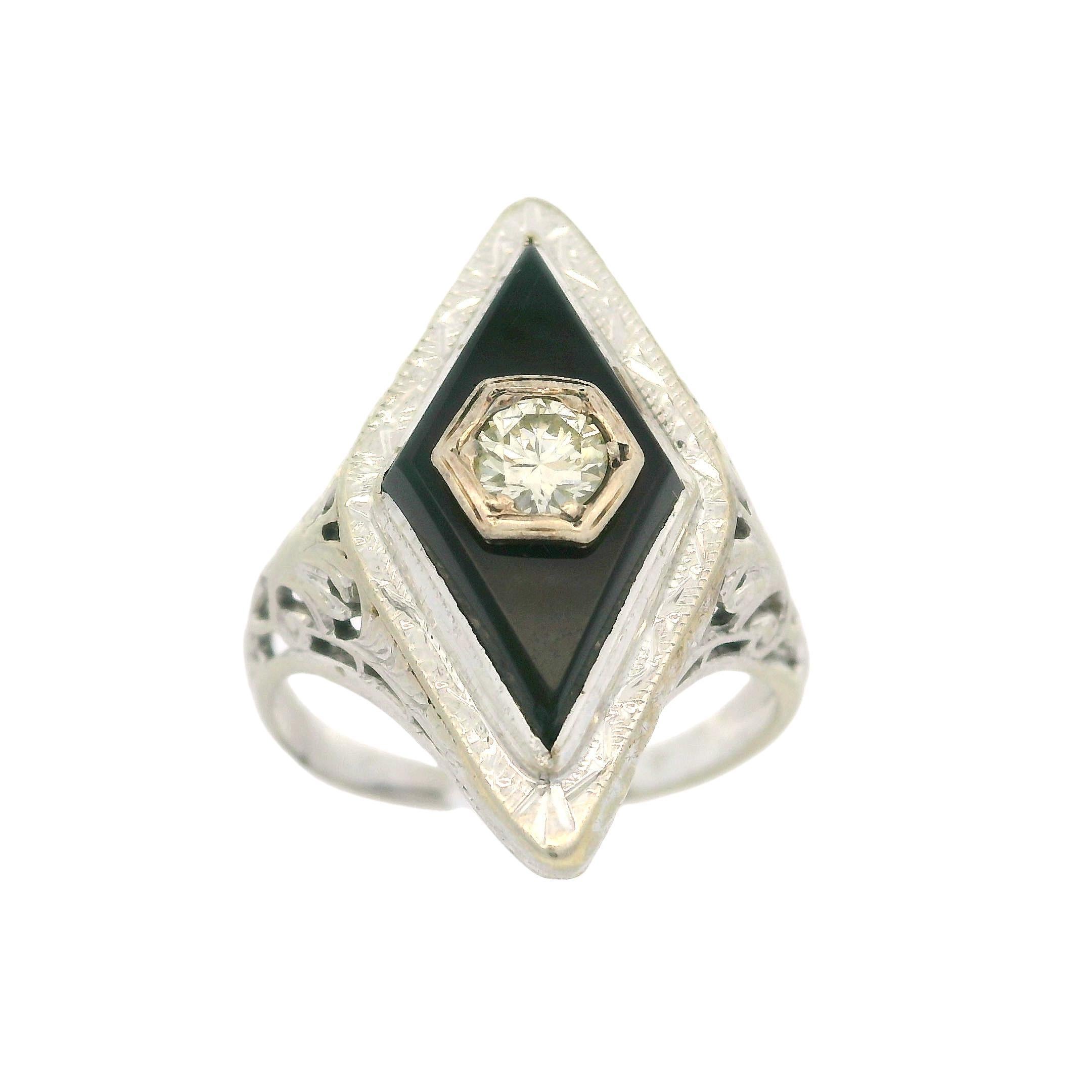 Offener Vintage-Ring aus 14 Karat Weißgold mit schwarzem Onyx in Rautenform und Diamant im Angebot 4
