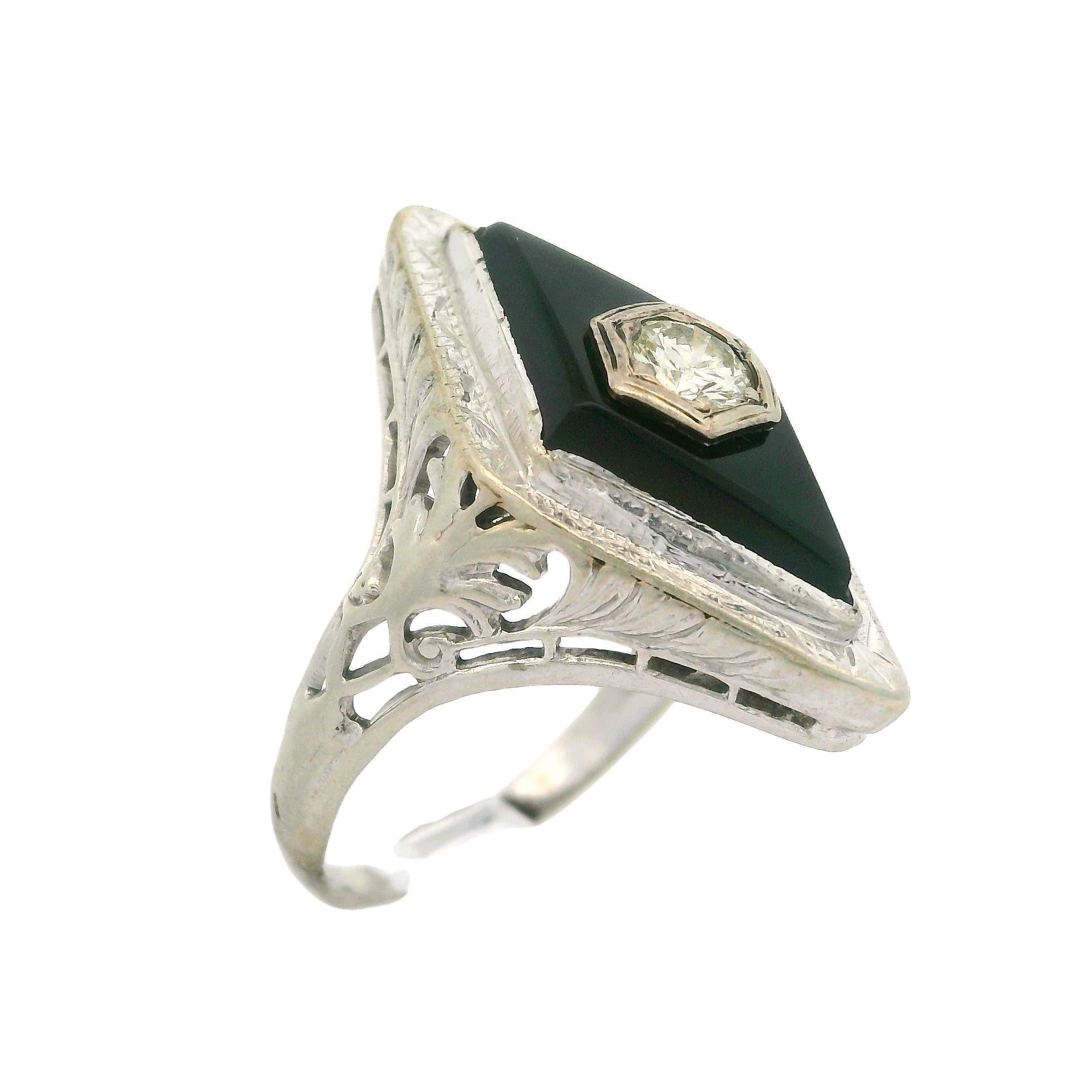 Offener Vintage-Ring aus 14 Karat Weißgold mit schwarzem Onyx in Rautenform und Diamant im Angebot 5