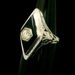 Vintage 14k White Gold Lozenge Shape Black Onyx & Diamond Open Work Ring