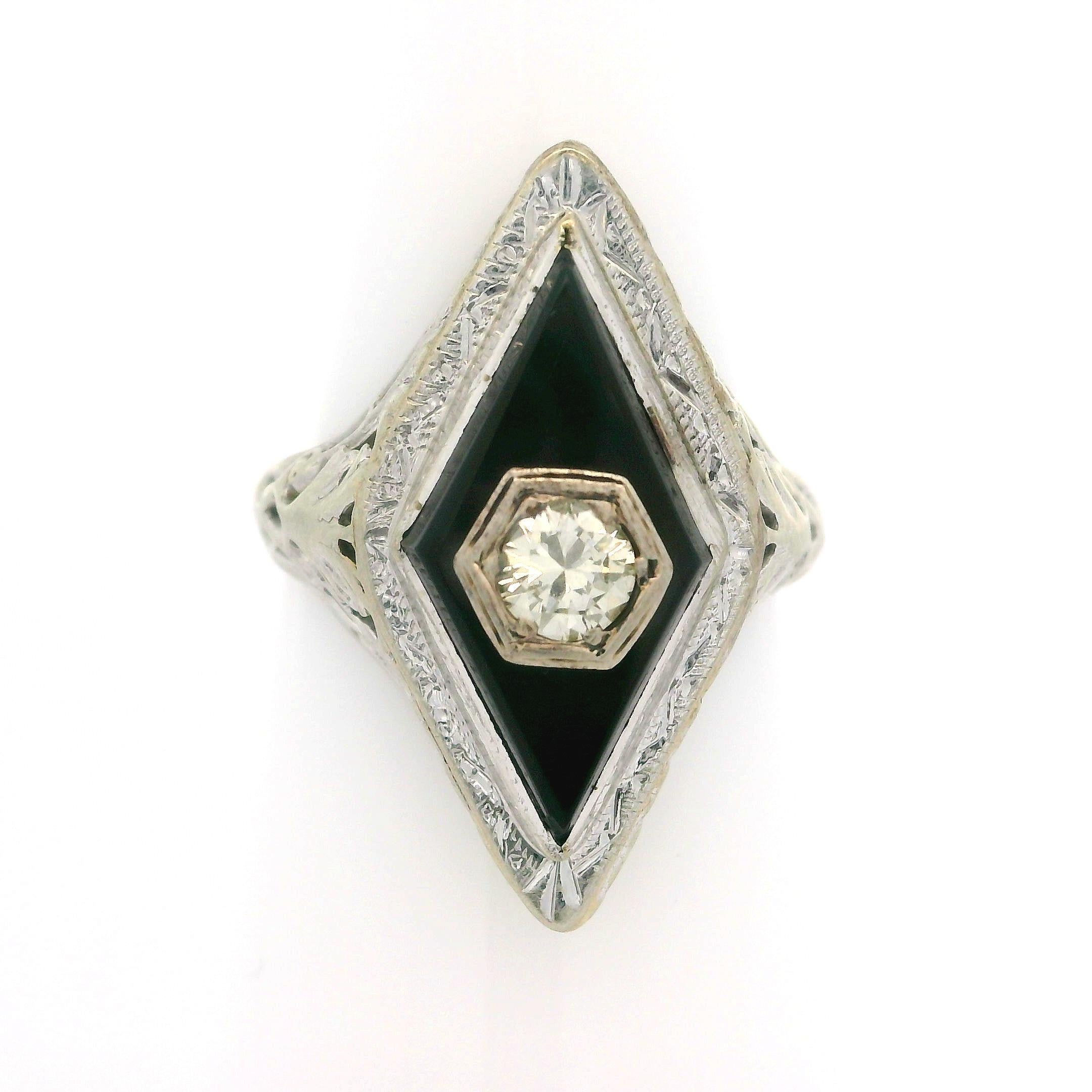 Offener Vintage-Ring aus 14 Karat Weißgold mit schwarzem Onyx in Rautenform und Diamant im Angebot 3