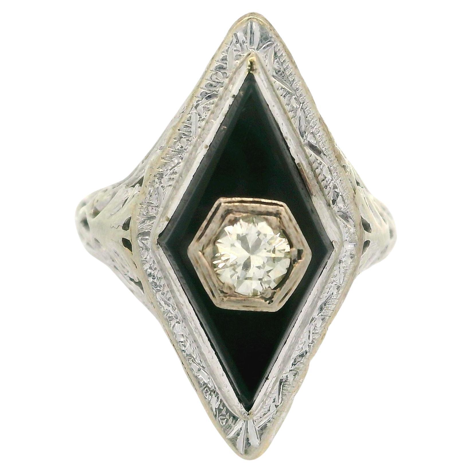 Vintage 14k White Gold Lozenge Shape Black Onyx & Diamond Open Work Ring
