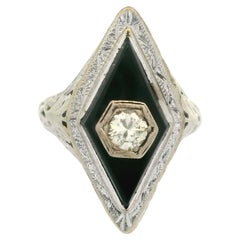 Vintage 14k White Gold Lozenge Shape Black Onyx & Diamond Open Work Ring