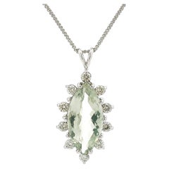 Vintage 14K White Gold Marquise Prasiolite Green Amethyst Diamond Pendant Chain