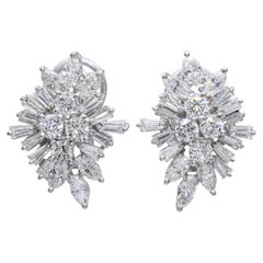 Vintage 14K White Gold Mixed Shape 3.72tcw Diamond Cluster Omega Earrings