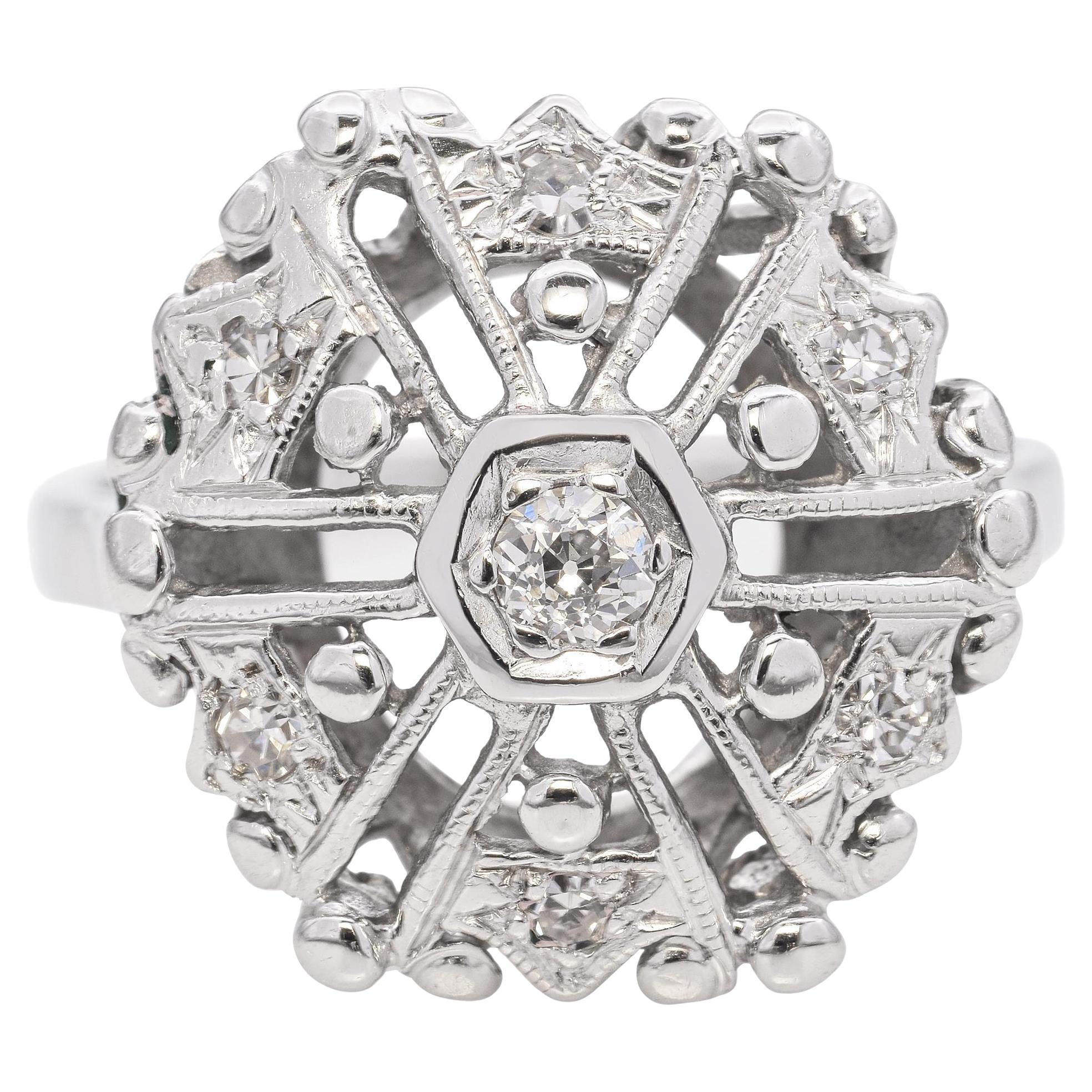 Vintage 14k White Gold Old European Cut Diamond Statement Ring