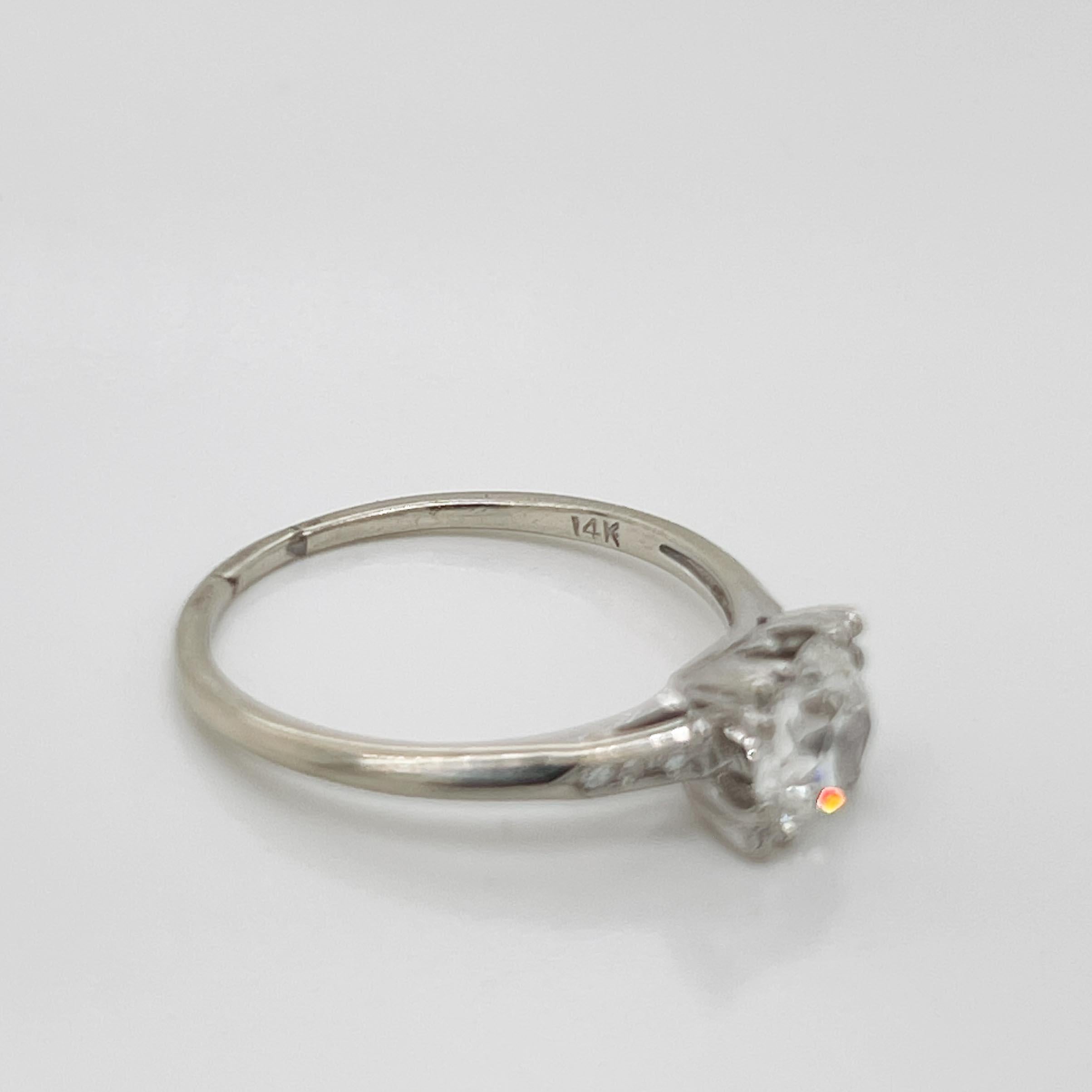 Vintage 14k White Gold & Old Mine Cut Diamond Engagement Ring For Sale 3