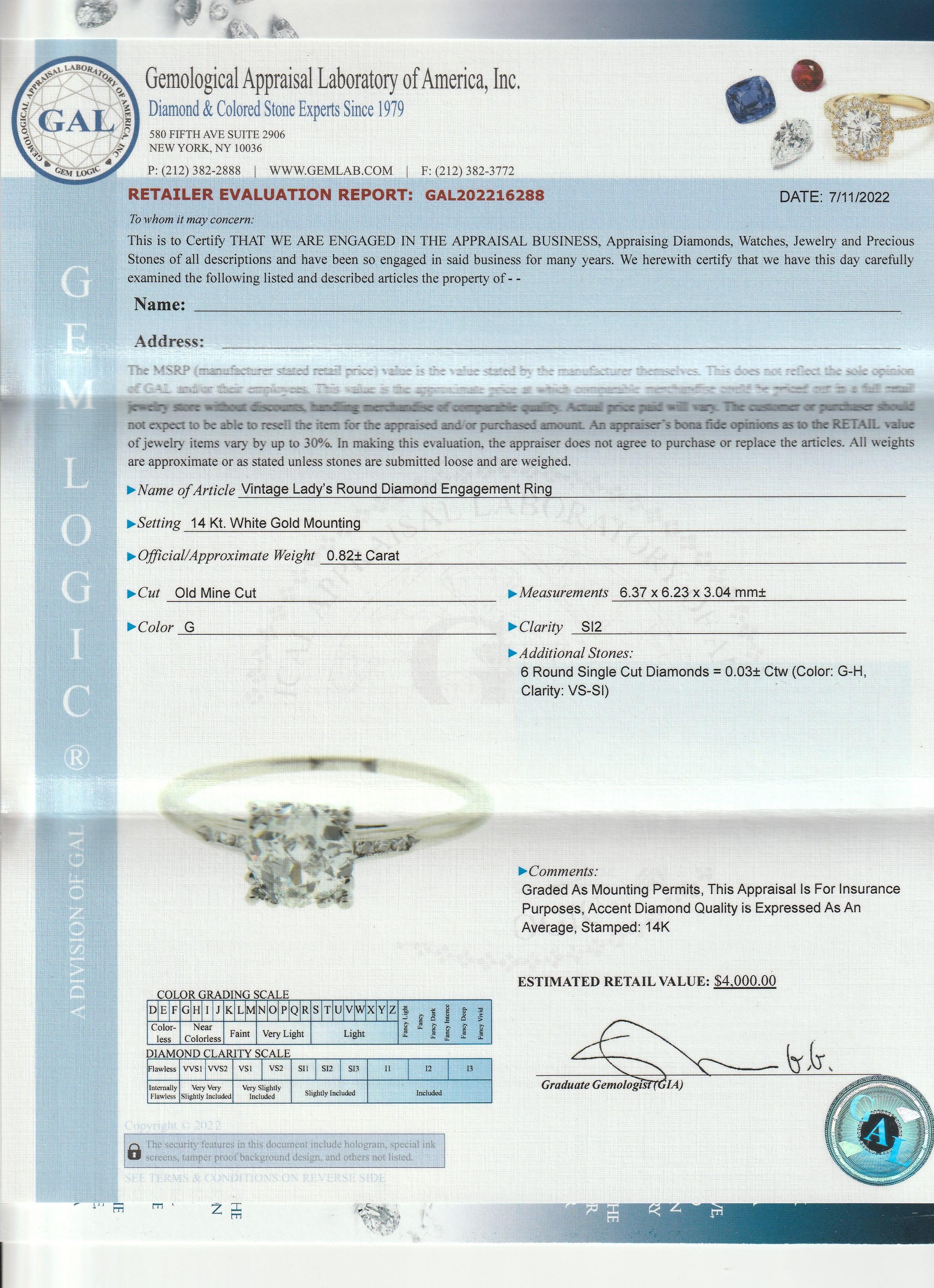 Vintage 14k White Gold & Old Mine Cut Diamond Engagement Ring For Sale 4