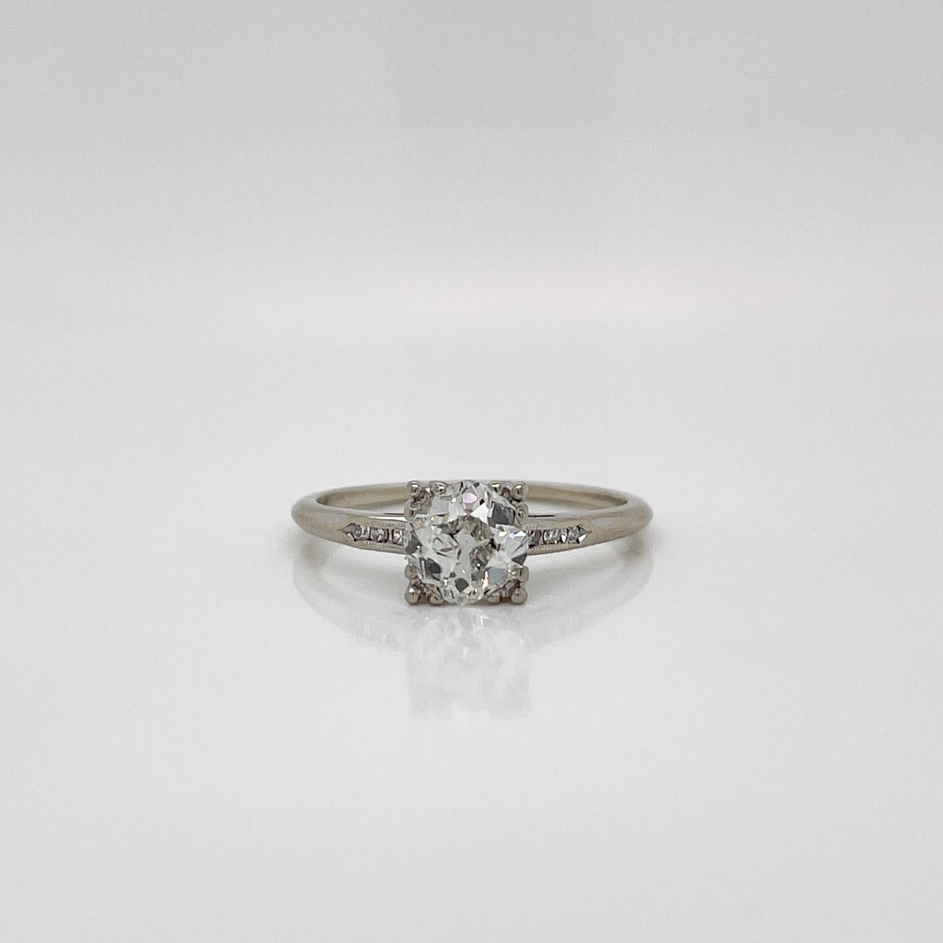 Vintage 14k White Gold & Old Mine Cut Diamond Engagement Ring For Sale 5