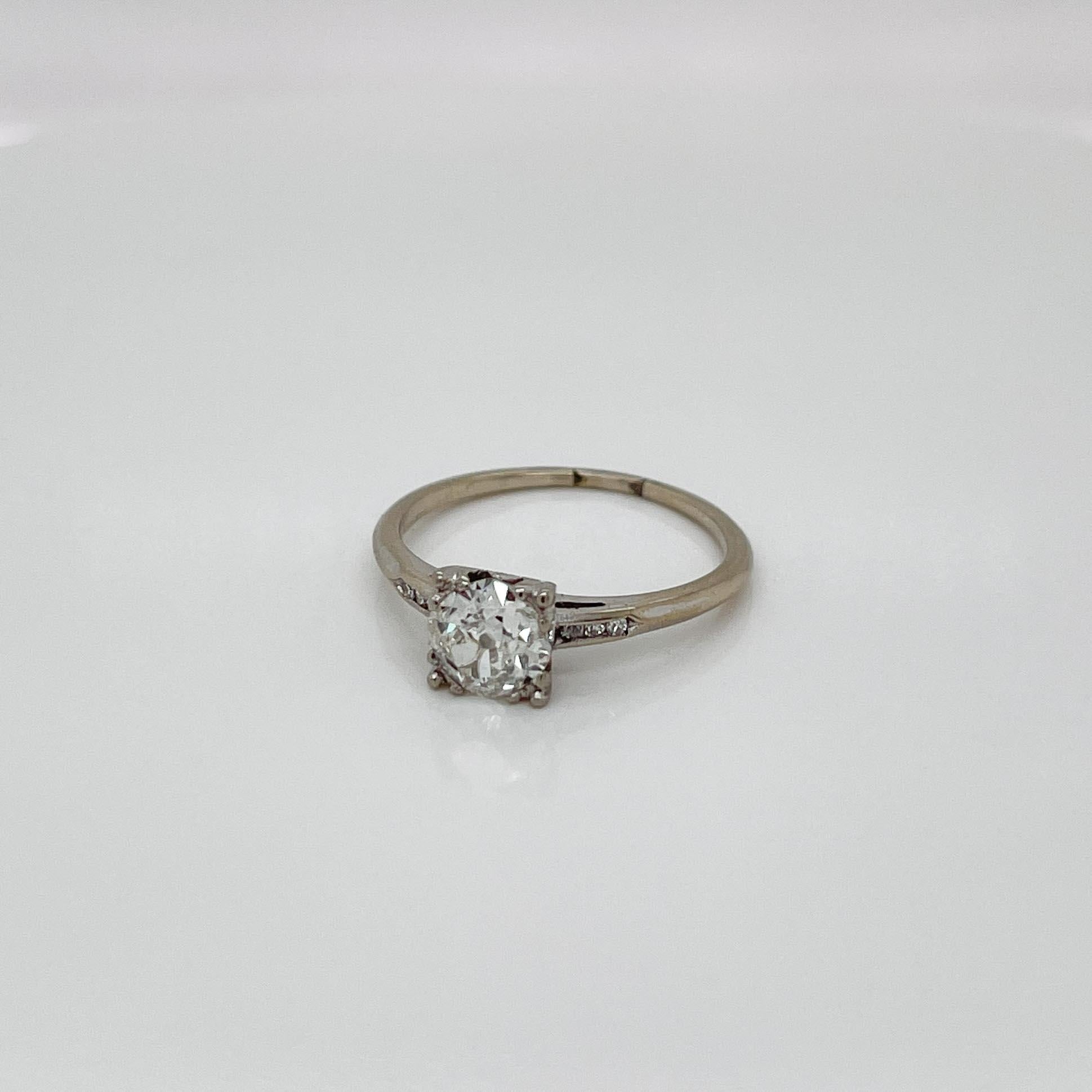 Vintage 14k White Gold & Old Mine Cut Diamond Engagement Ring For Sale 6