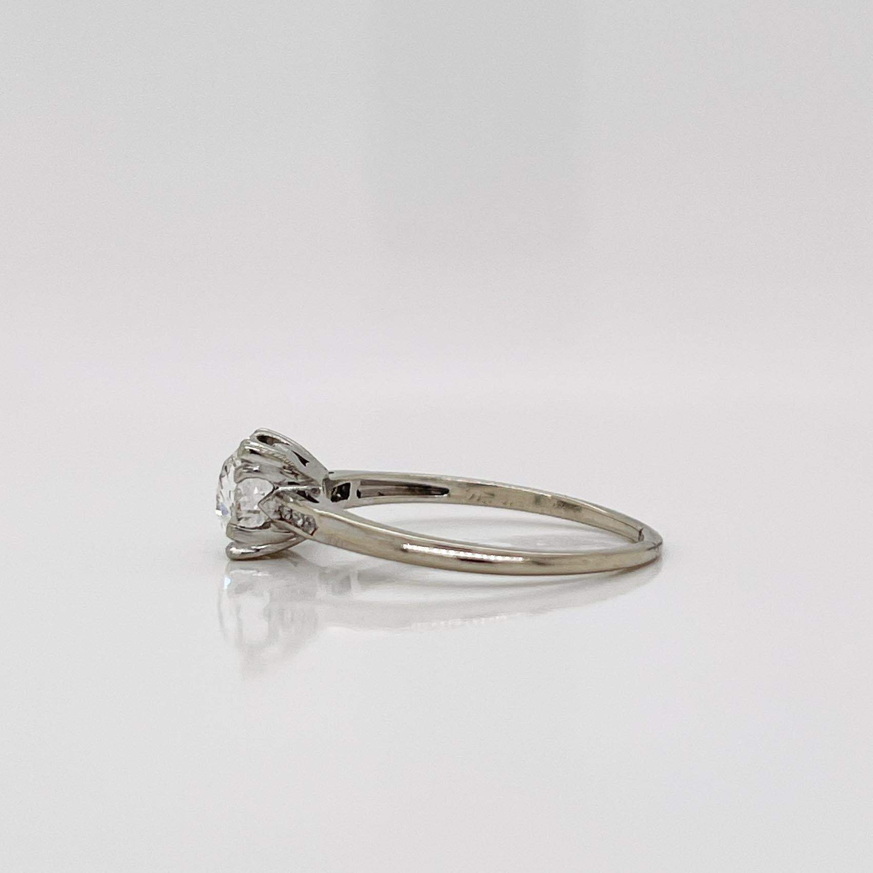 Retro Vintage 14k White Gold & Old Mine Cut Diamond Engagement Ring For Sale