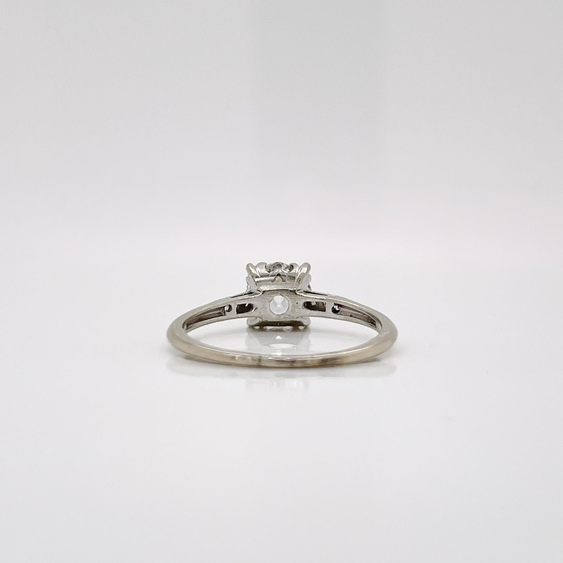 Vintage 14k White Gold & Old Mine Cut Diamond Engagement Ring In Fair Condition For Sale In Philadelphia, PA