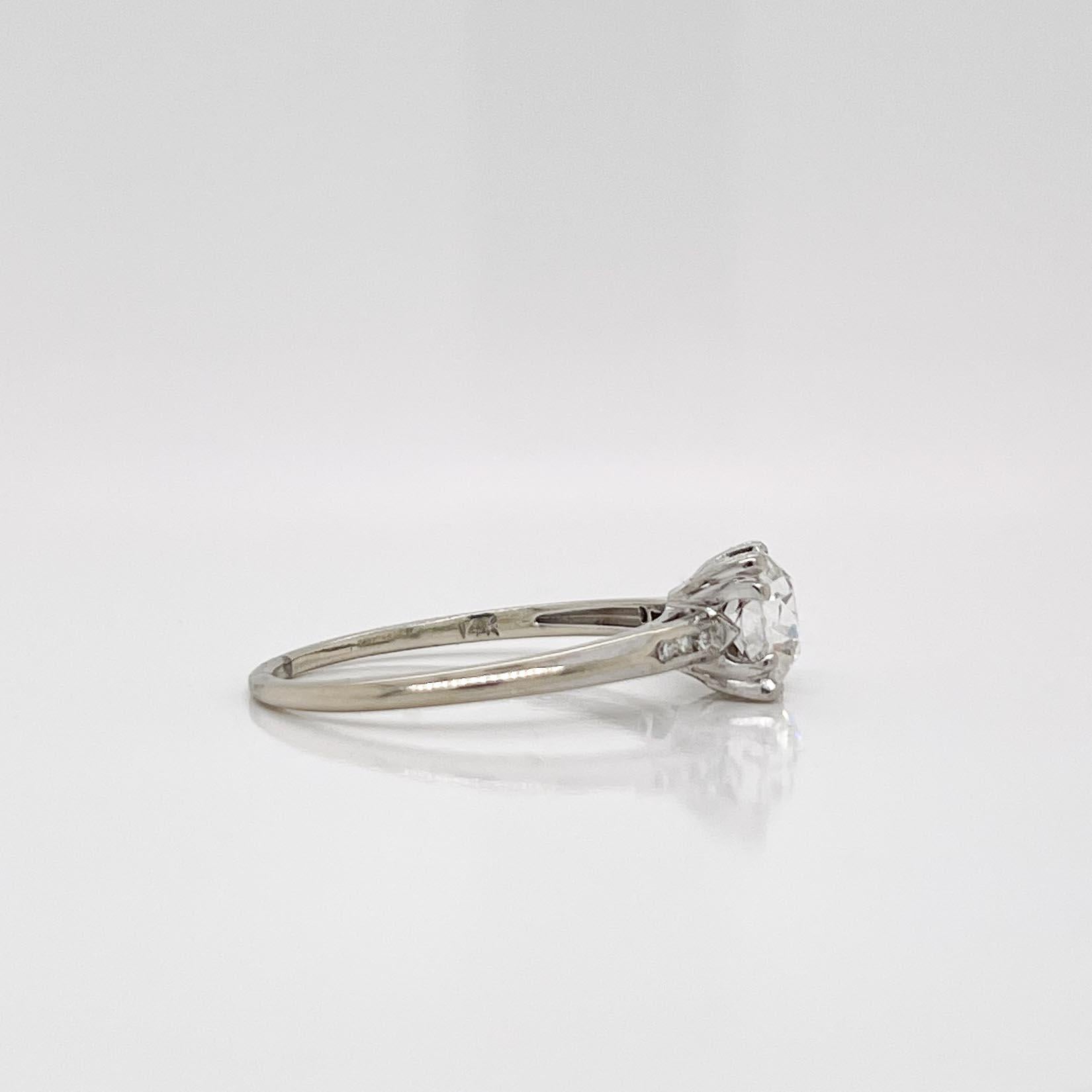 Women's Vintage 14k White Gold & Old Mine Cut Diamond Engagement Ring For Sale