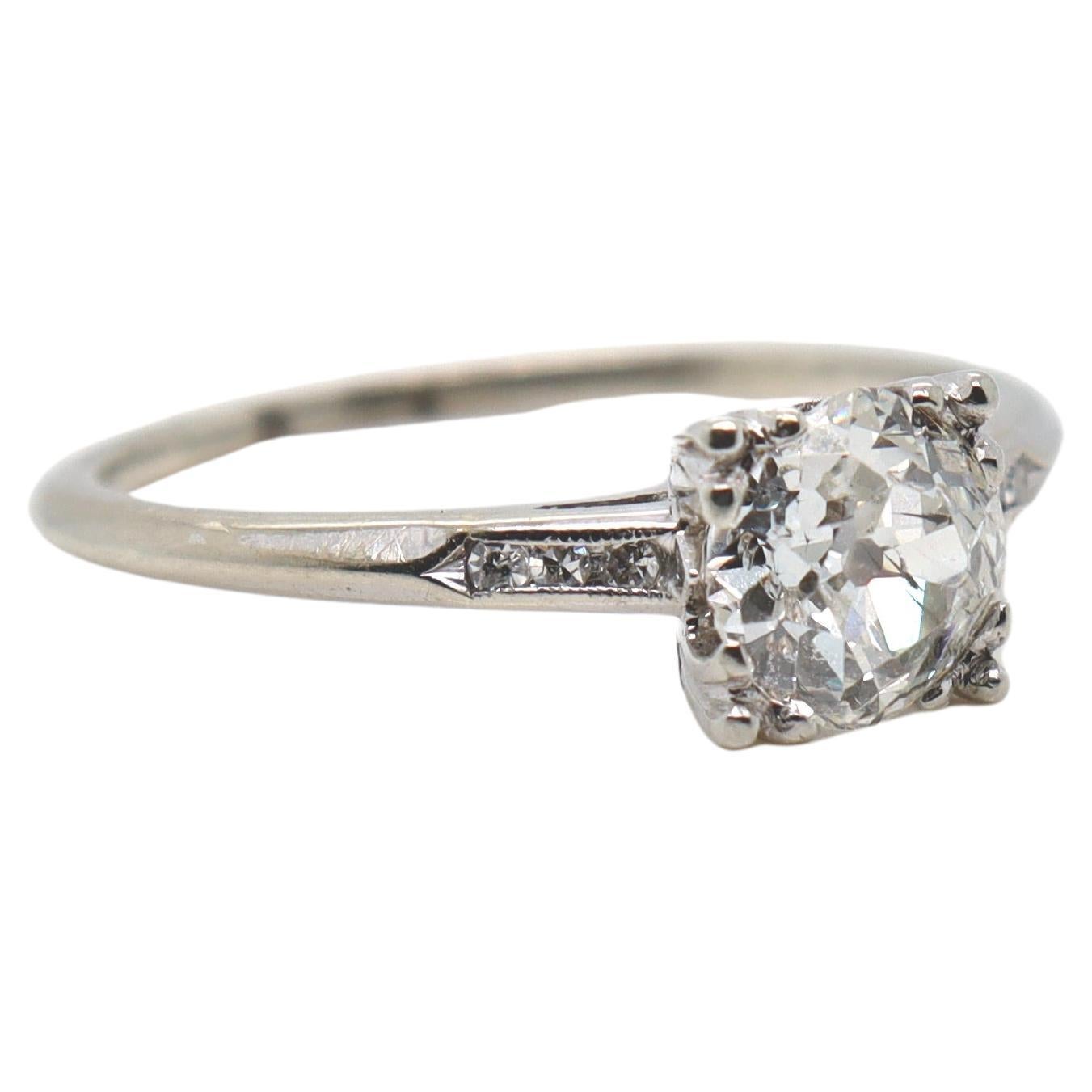 Vintage 14k White Gold & Old Mine Cut Diamond Engagement Ring For Sale