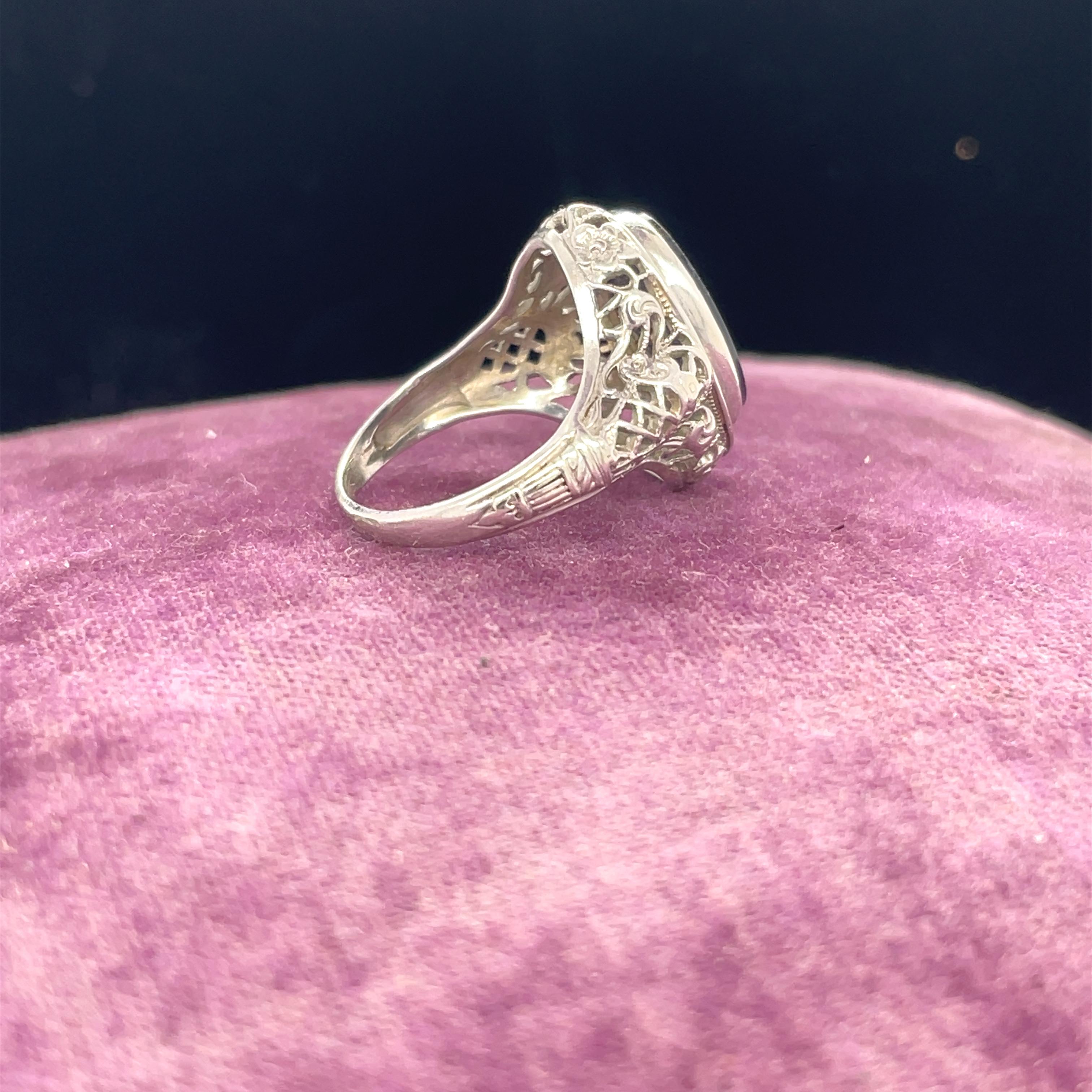 Women's or Men's Vintage 14k White Gold Onyx & Diamond Filigree Ring For Sale