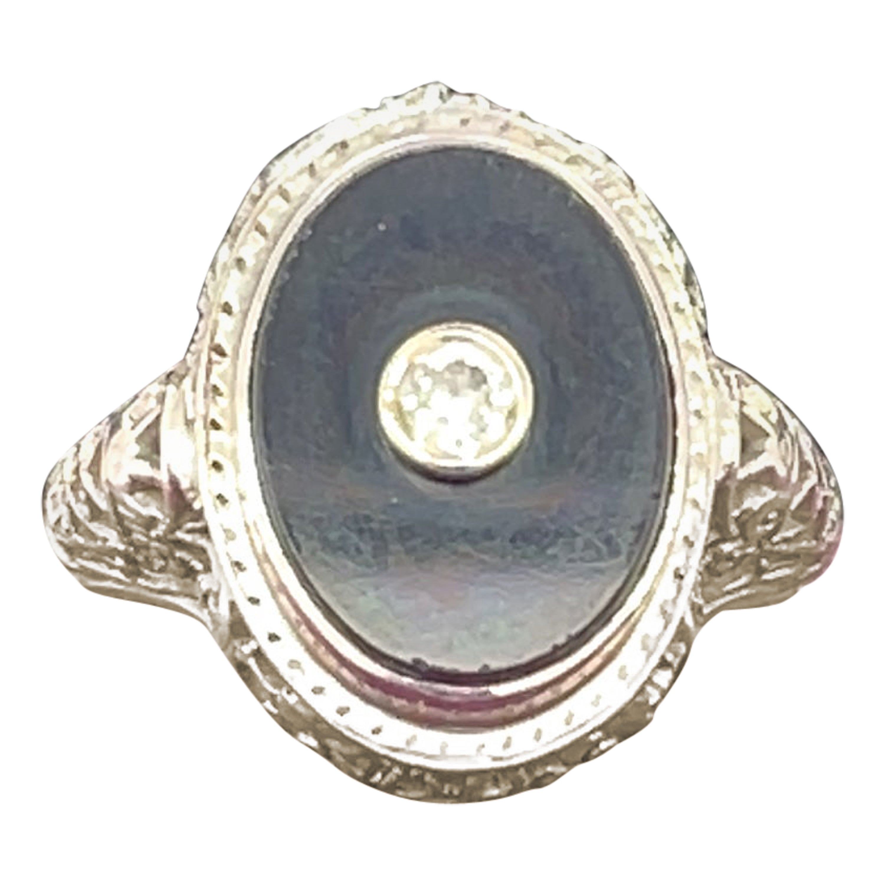Anello vintage in oro bianco 14k con onice e diamanti in filigrana