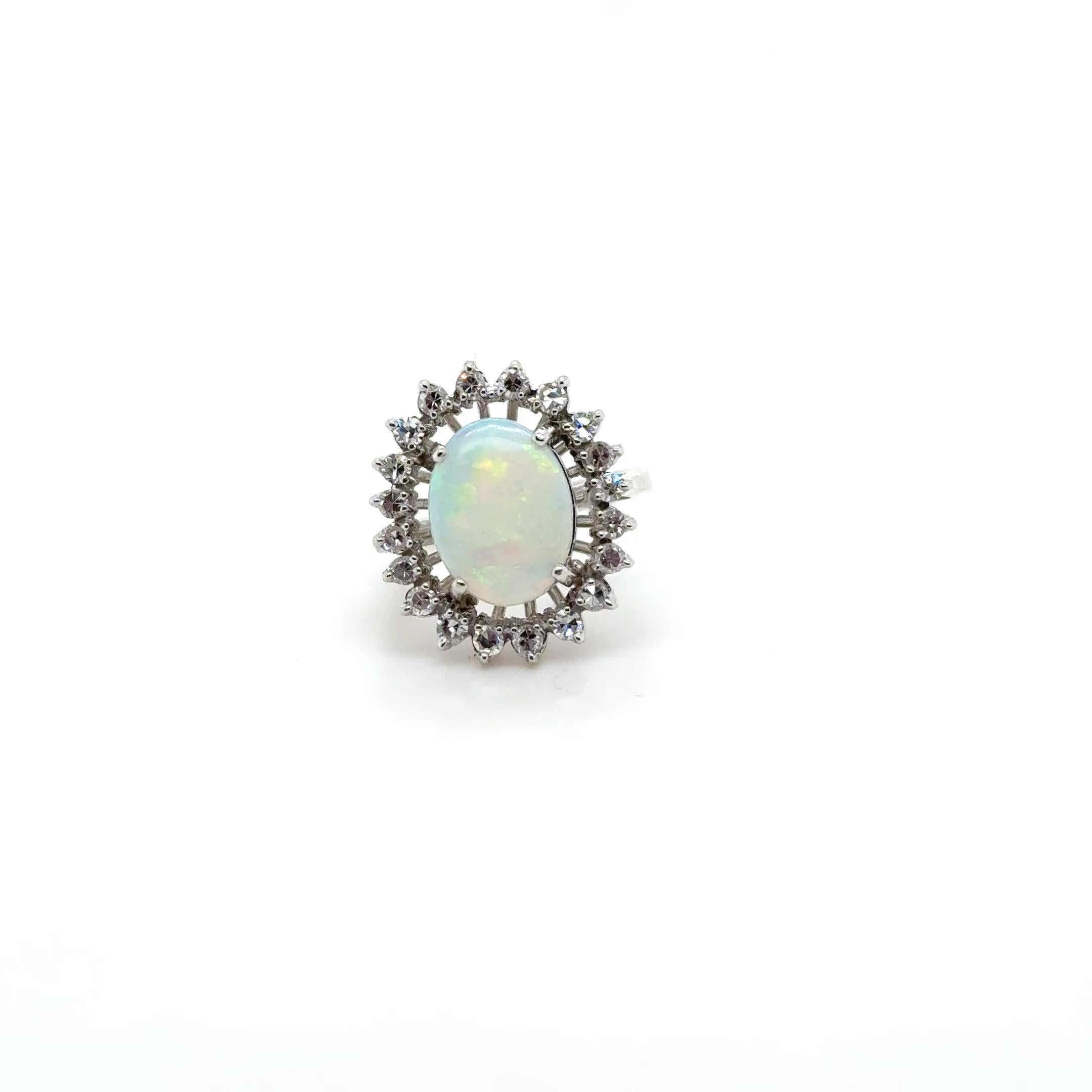 Vintage 14K White Gold Opal and Diamond Halo Ring - 3.00 Carat Oval Opal with 0.
