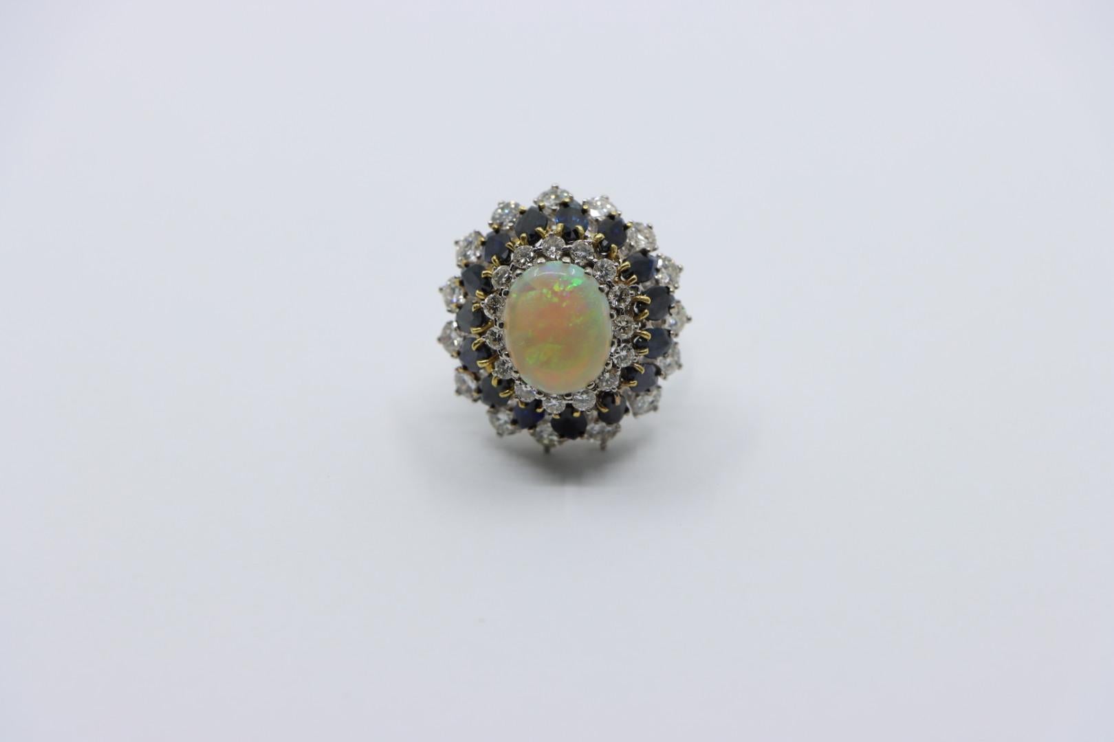 Cabochon Vintage 14K White Gold Opal Sapphire Diamond Ring For Sale