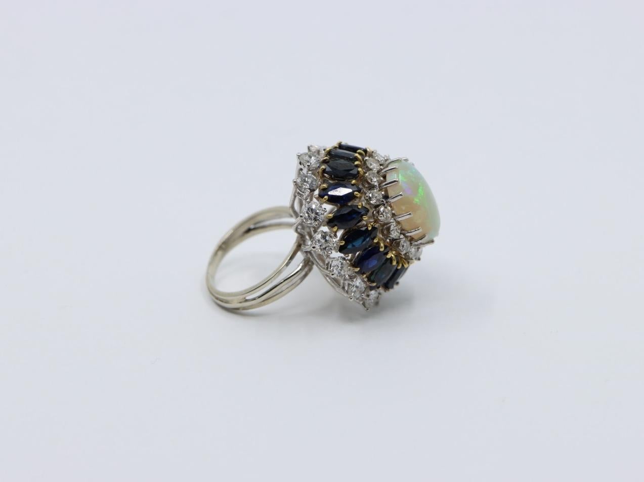 Women's or Men's Vintage 14K White Gold Opal Sapphire Diamond Ring For Sale