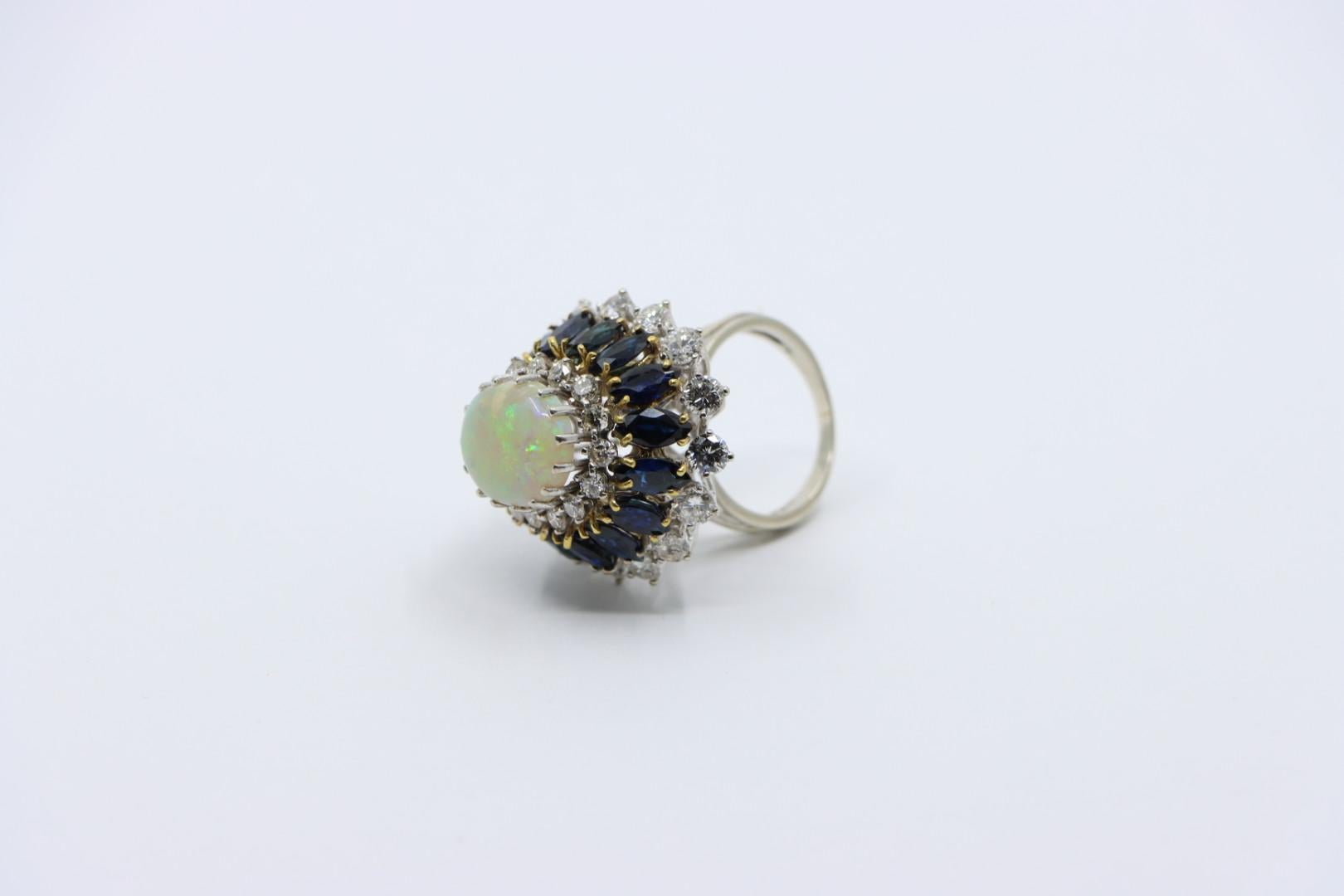 Vintage 14K White Gold Opal Sapphire Diamond Ring For Sale 2
